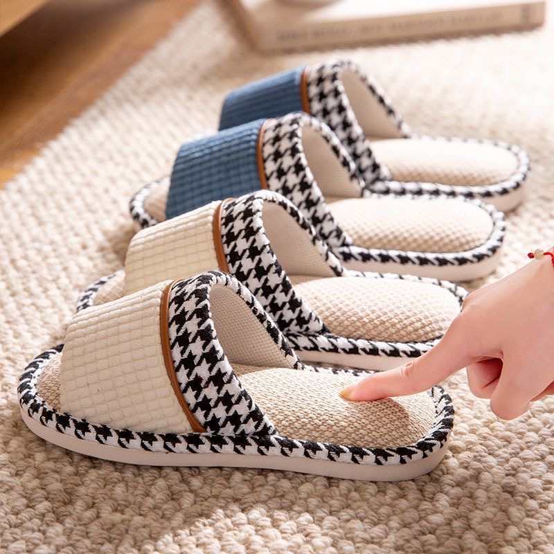 Breathable Linen House Slippers | Odor Resistant Plaid Indoor Shoes for Women