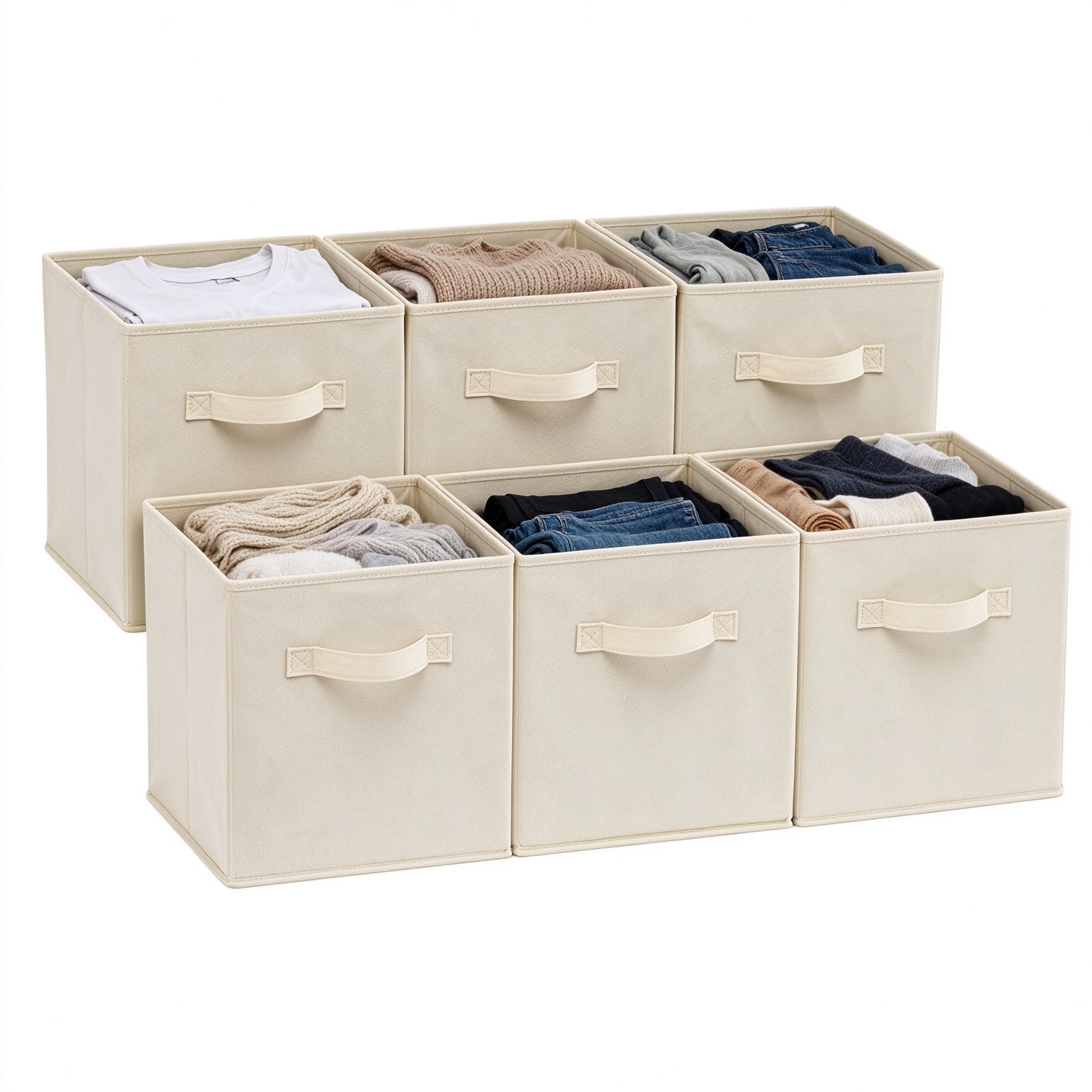 Amazon Basics Collapsible Fabric Storage Cubes Organizer with Handles, Sturdy Storage Bins for Organization, 10.5" x 10.5" x 11", Beige, 6-Pack