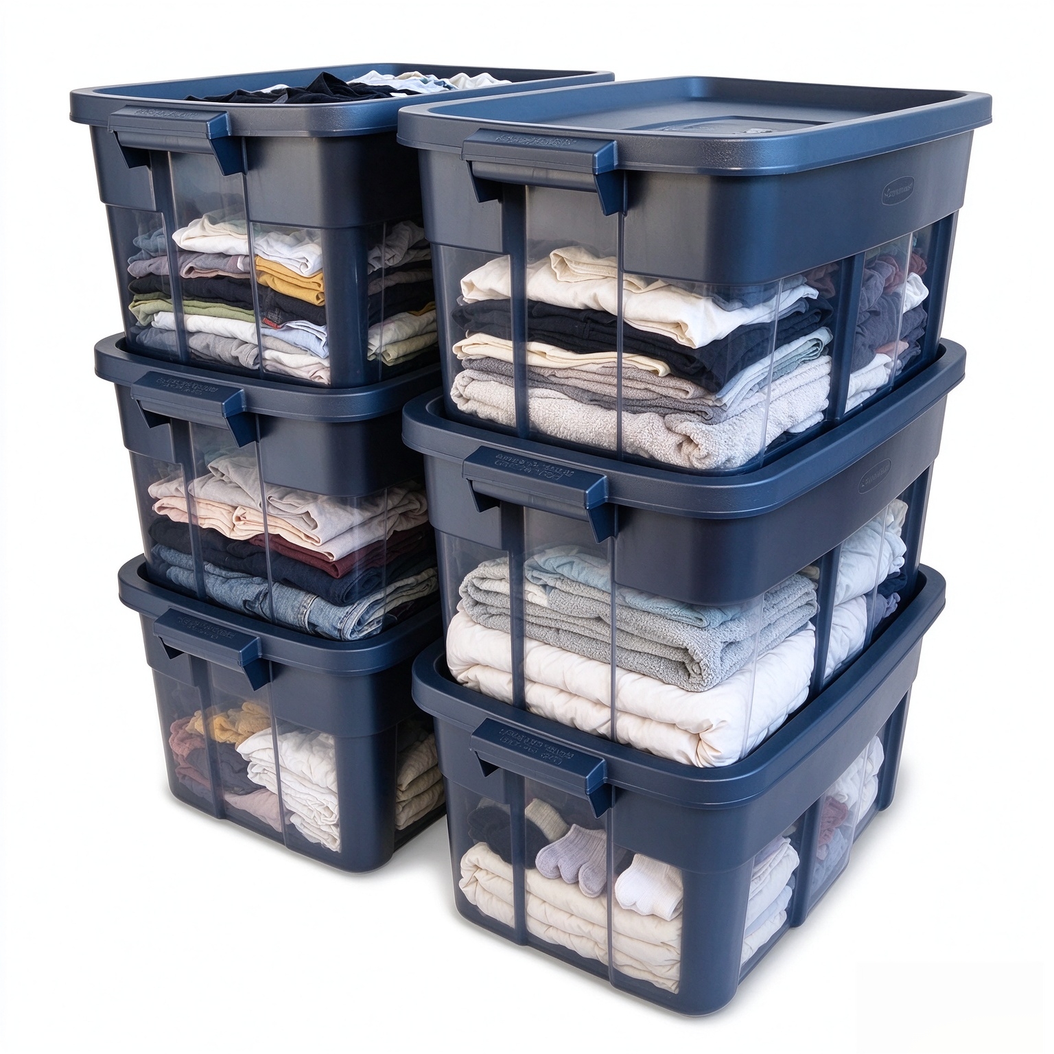 Rubbermaid Roughneck Tote 14 Gal, 6 Pack, Made in USA, Dark Indigo Metallic, Rugged Plastic Stackable Storage Bins with Lids and Handles