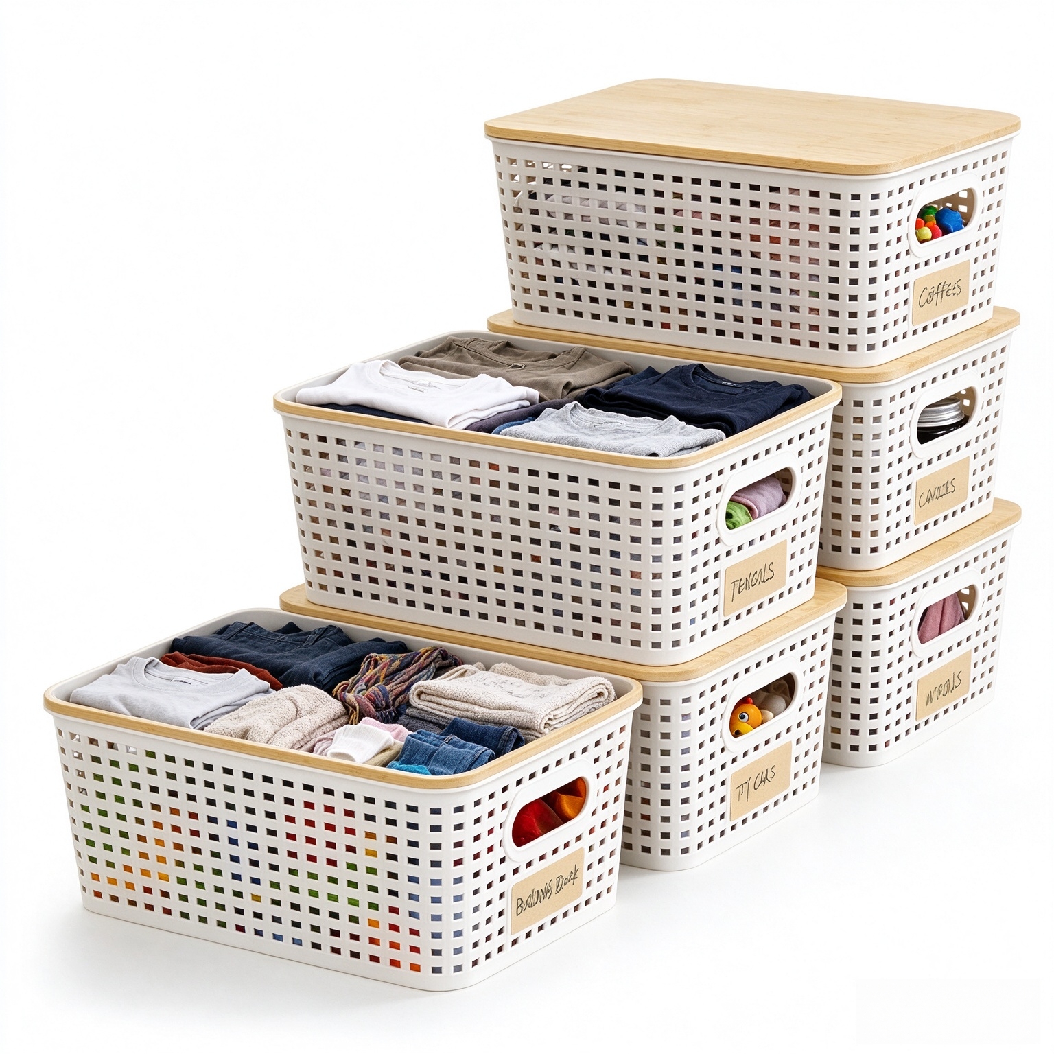Small Plastic Storage Bins with Bamboo Lids 5.2qt Stackable Box Basket Pantry Decorative Containers Cute with Labels for Organizing Desktop Closet Office Cream White of 6 packs 10*7.2*4.1"