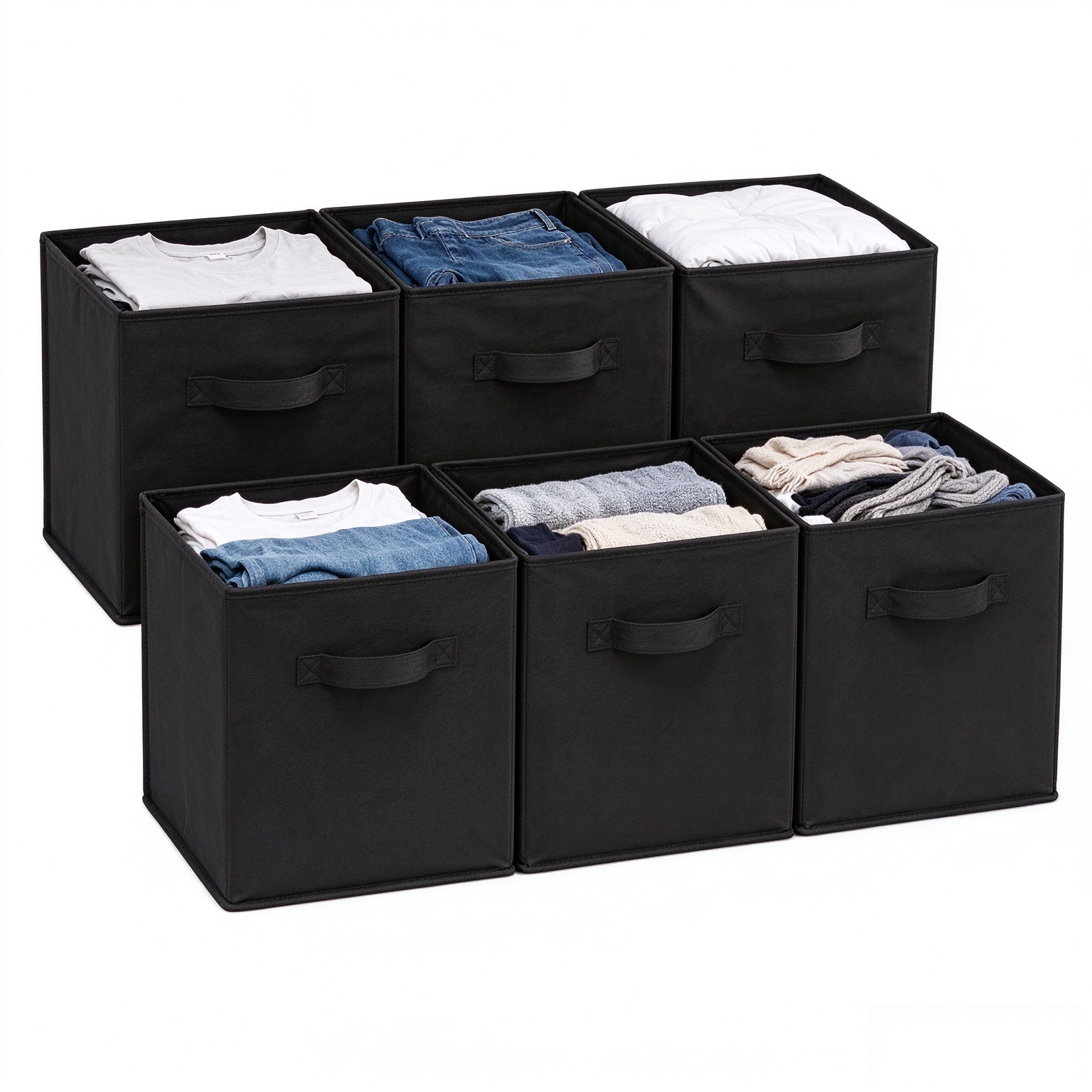 Amazon Basics Collapsible Fabric Storage Bins Organizer with Handles, Sturdy, Foldable, 10.5" x 10.5" x 11", Black, 6-Pack