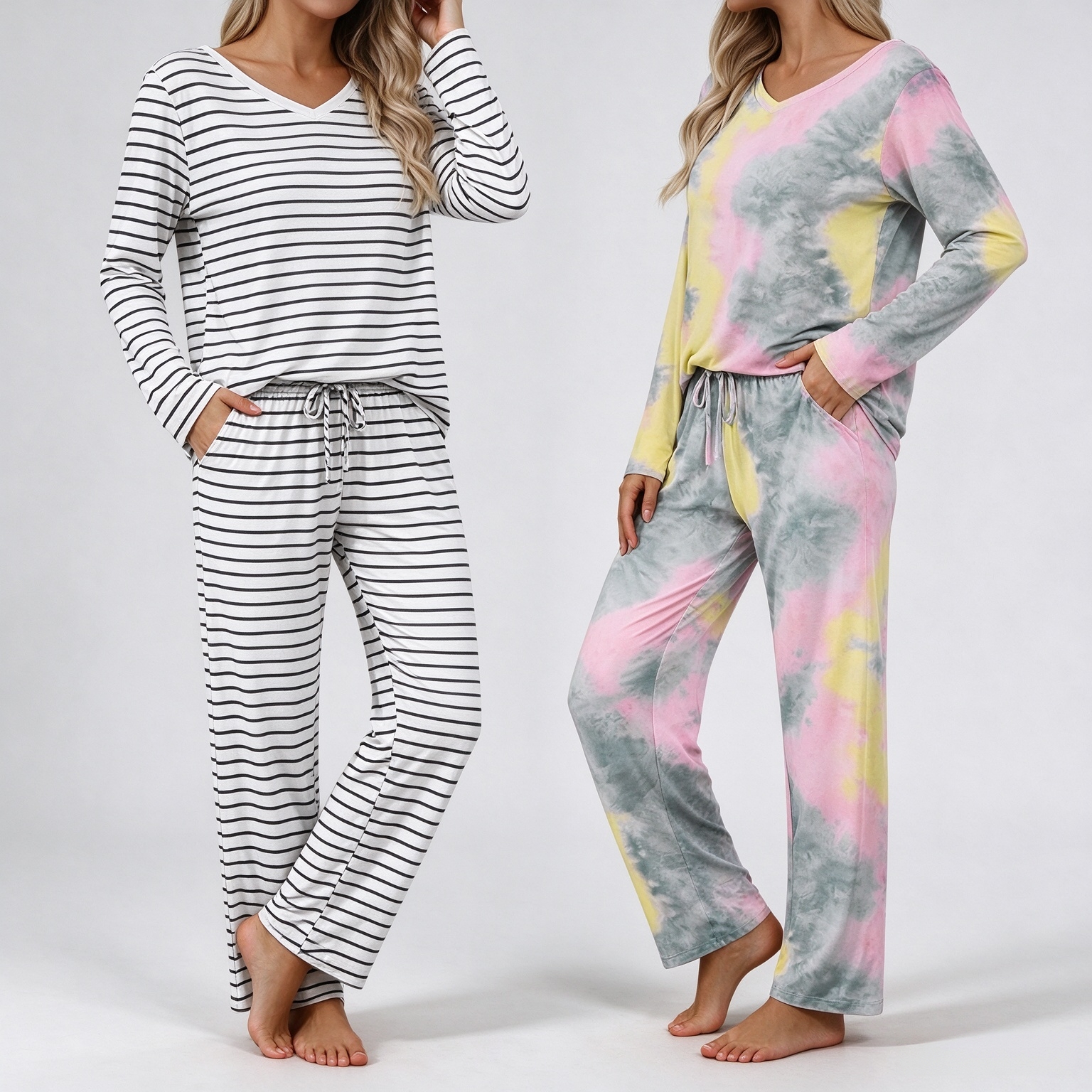 Ekouaer Women's 2 Pack Long Sleeve Pajama Sets V Neck Lounge Sets