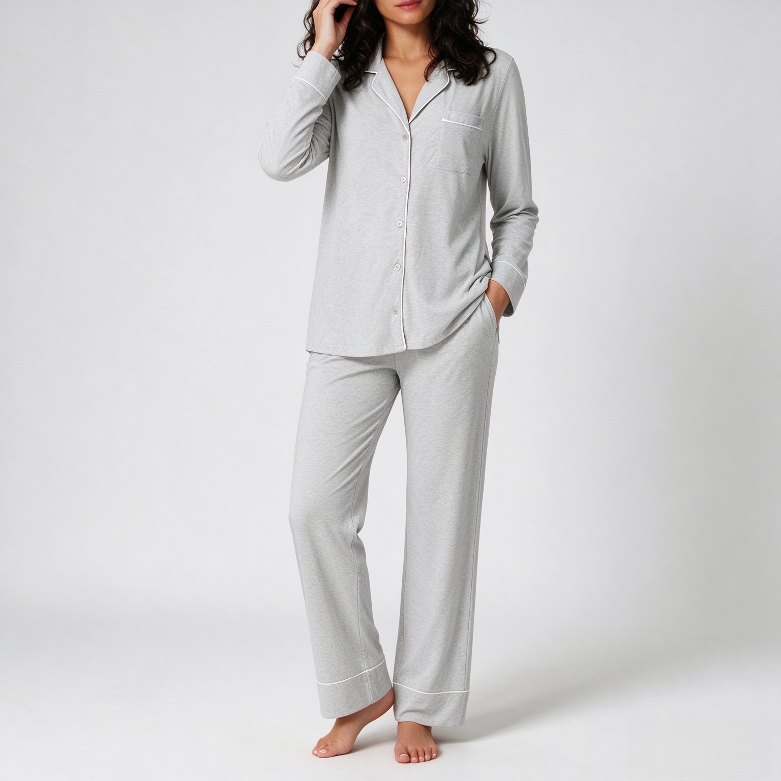 Amazon Essentials Women's Cotton Modal Long-Sleeve Notch Collar Shirt and Full-Length Elastic Waist Pajama Pant Set