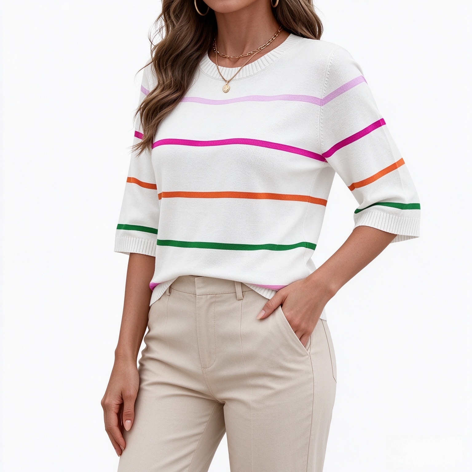LOMON Womens Sweaters Casual Fall 2025 Crew Neck Striped 3/4 Sleeve Lightweight Knit Trendy Pullover Sweater Tops S-XL