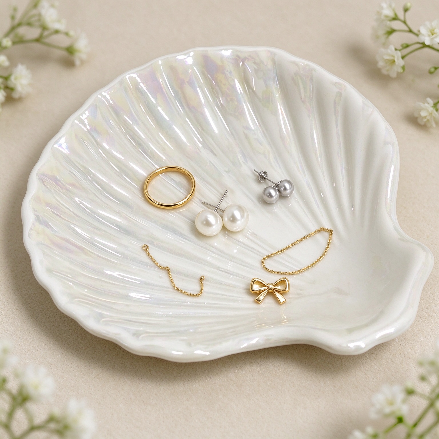 Ring Dish Shell Shape Ceramic Jewelry Dish Tray, Decorative Trinket Dish Organizing Rings Earrings Necklaces Keys, Mothers Day Christmas Birthday Gifts for Women, 3.9", White Iridescent Surface