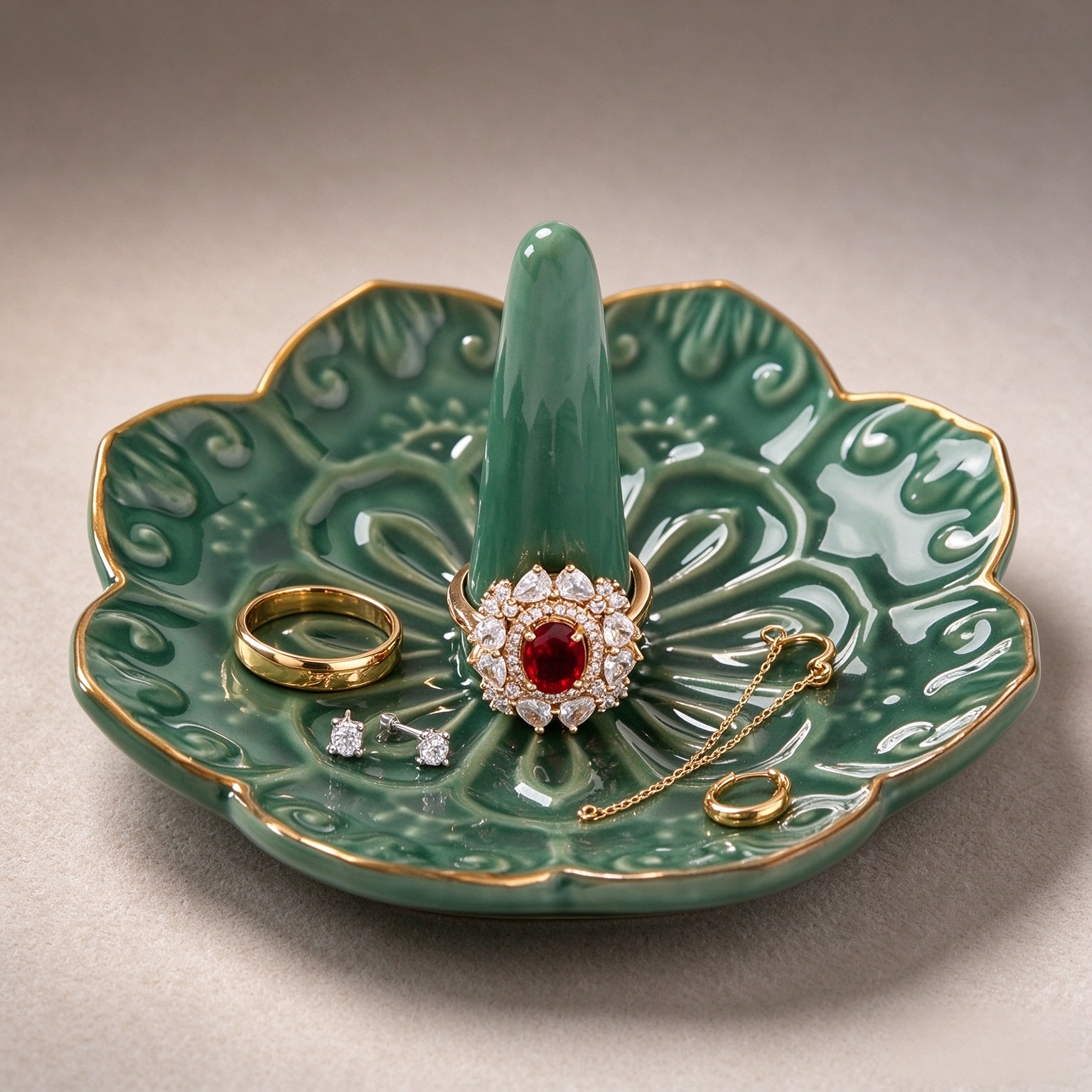 HOMEGOAL Ceramic Ring Holder Dish for Jewelry, Decorative Mandala Jewelry Tray for Rings Earrings Necklaces Watch Keys, Aesthetic Room Decor, Birthday Engagement Wedding Gifts for Women (Green)