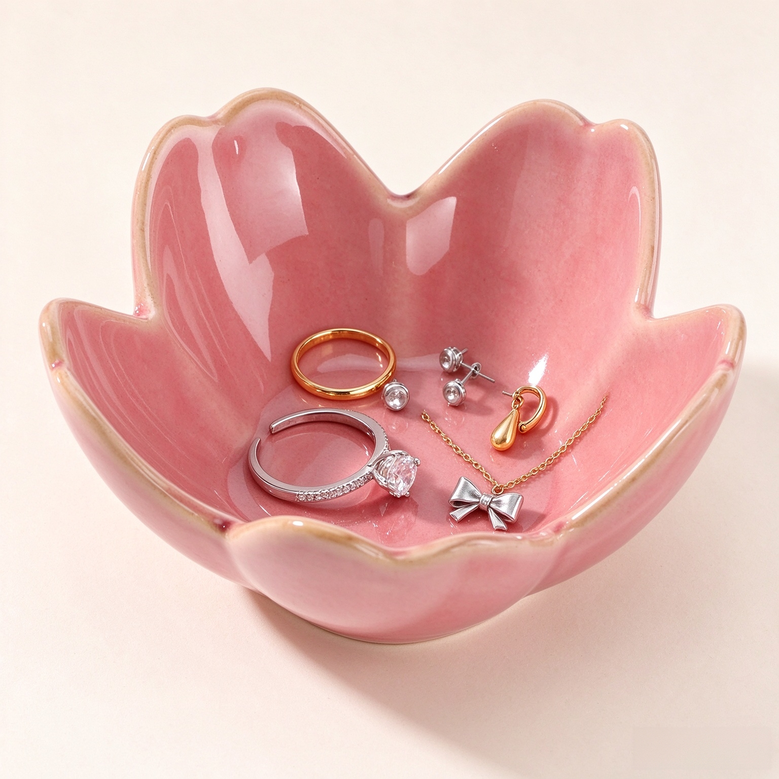 Pink Flower Ring Dish Holder,Jewelry Dish Tray,Small Trinket Tray,Jewelry Plate Bowl,Key Bowl,Decorative Plate,Mothers Day Birthday Gifts for Women Friends,Ceramic Kiln effect White