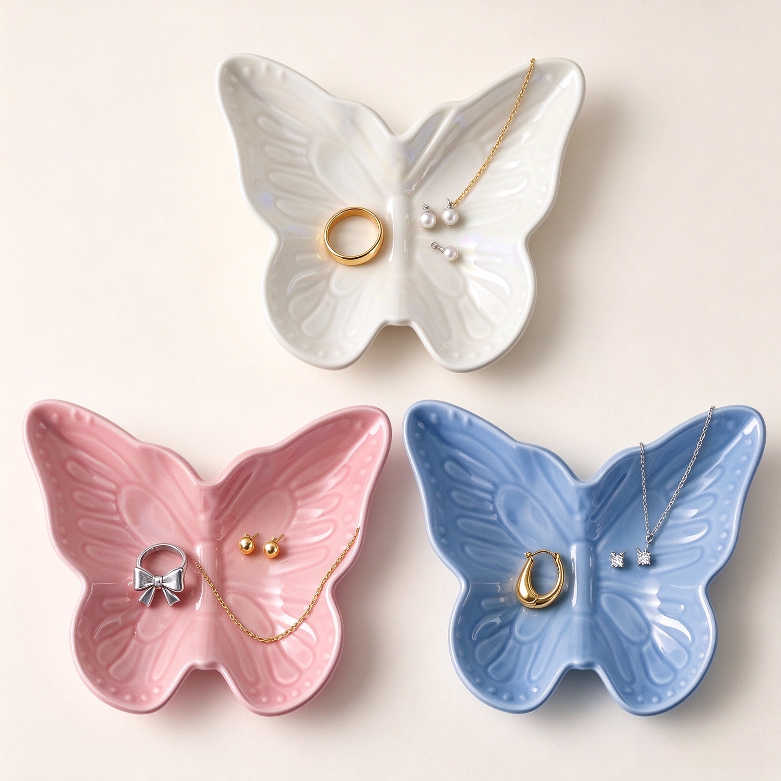 Kigeli 3 Pcs Butterfly Ring Dish Jewelry Tray Ceramic Coastal Trinket Dish