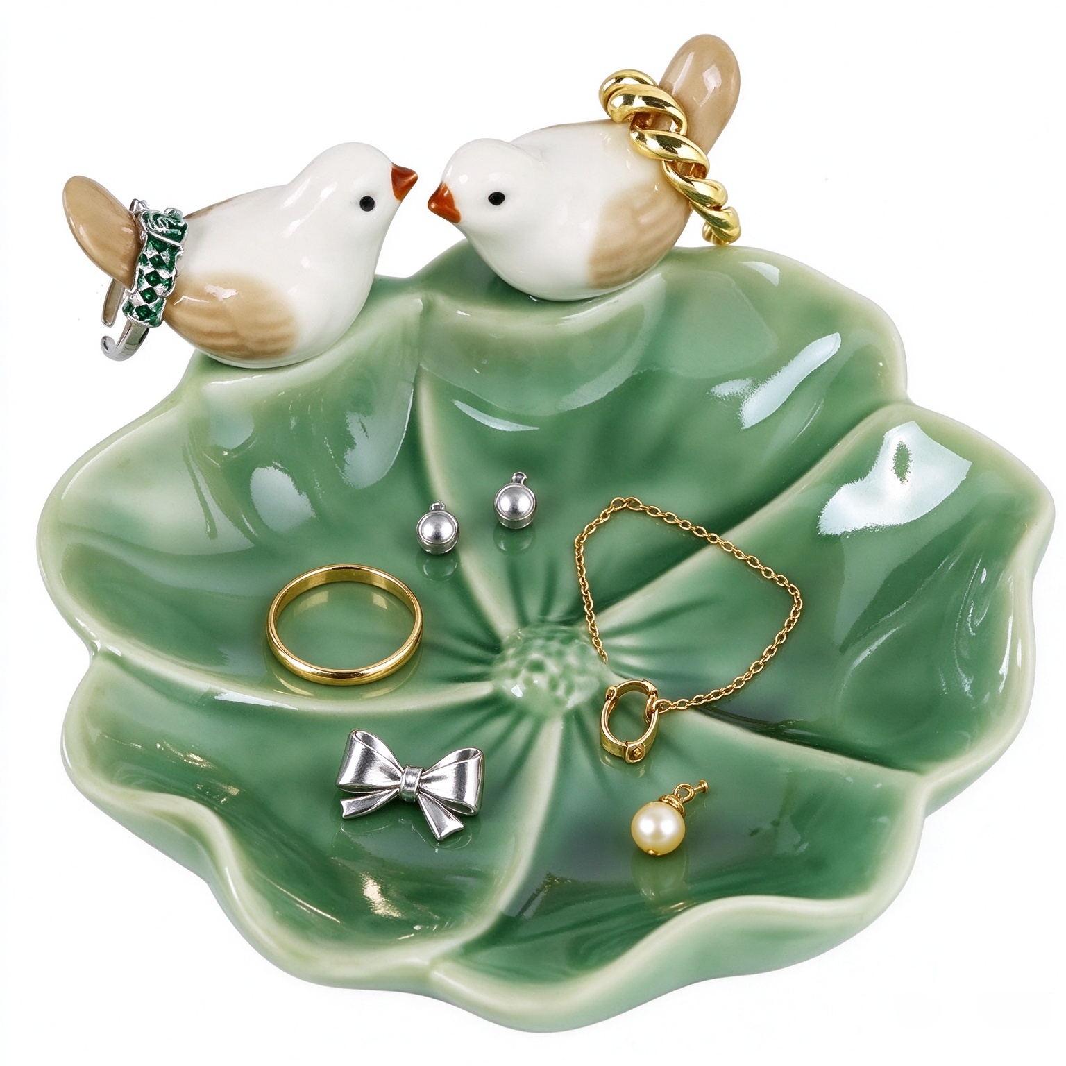 Fordonral Ceramic Jewelry Tray Trinket Dish Decorative Cute Bird & Lotus Leaf Ring Holder Dish Aesthetic Room Vanity Decor (Green)
