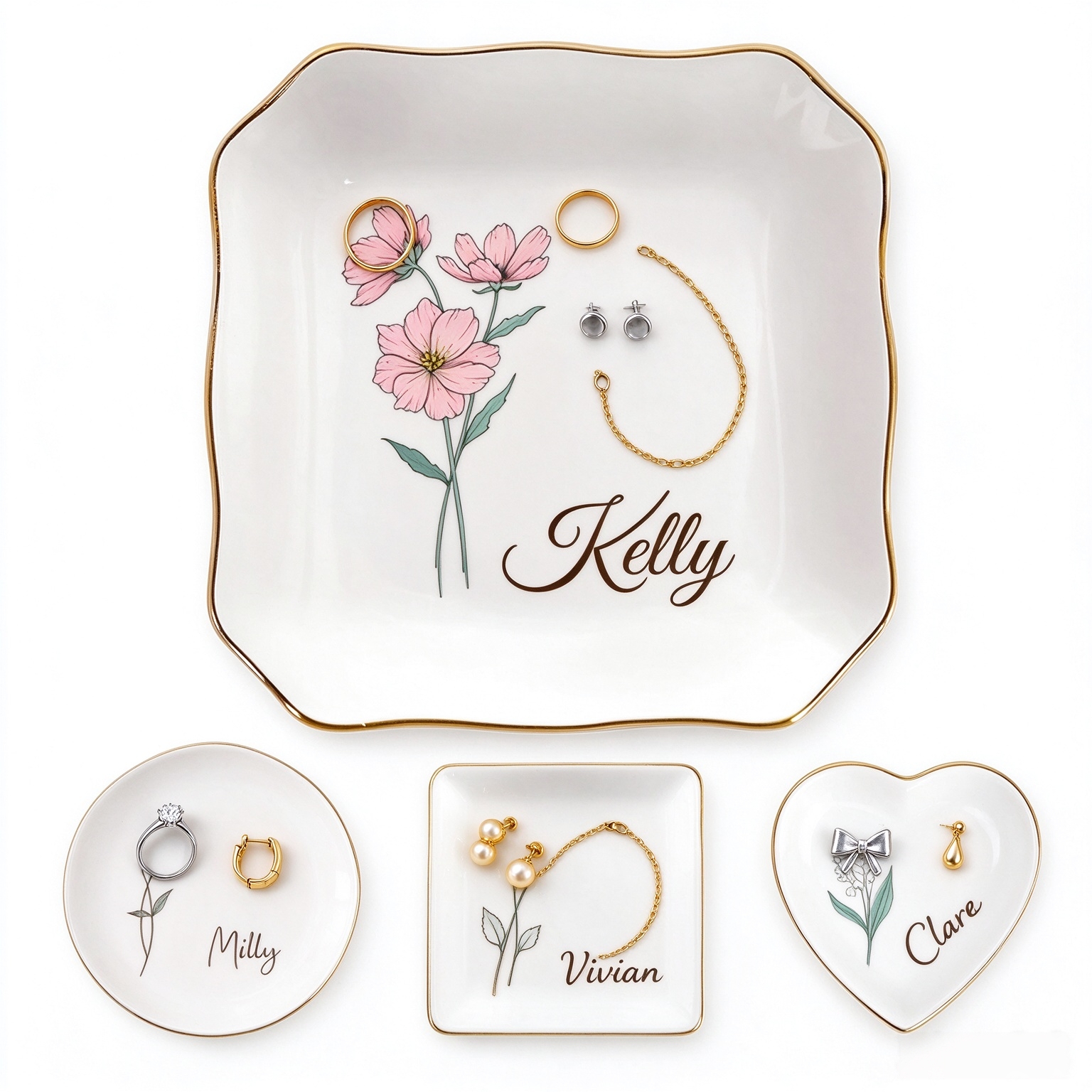 Custom Ceramic Ring Dish, Personalized Jewelry Tray with Name Birthday Flower, Earrings Necklaces Bracelet Watch Keys Trinket Holder, Mothers Day Bridesmaid Bestie Gift for Women