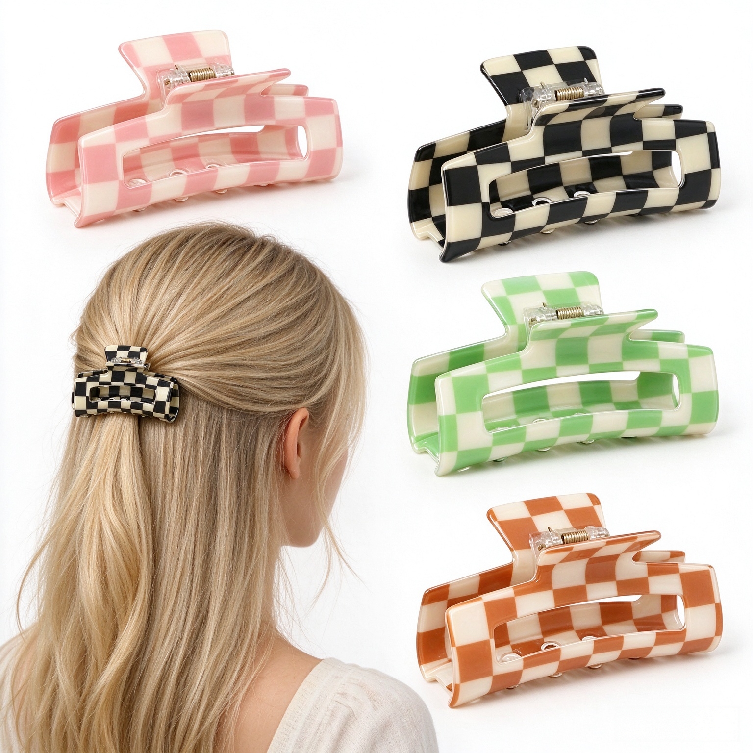 Checkered Multicolored Rectangle Y2K Hair Barrettes and Claw Clips - 6 Pcs Strong Hold Hair Accessories for Thin & Thick Hair