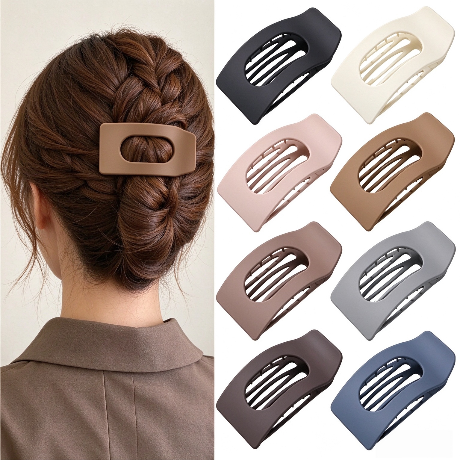 8 Pack Flat Hair Clips for Women – Large Matte Rectangle No-Slip Claw Clips, Strong Hold Square Hair Accessories for Thick & Thin Hair, Lay Flat Design for Work & Daily Styling