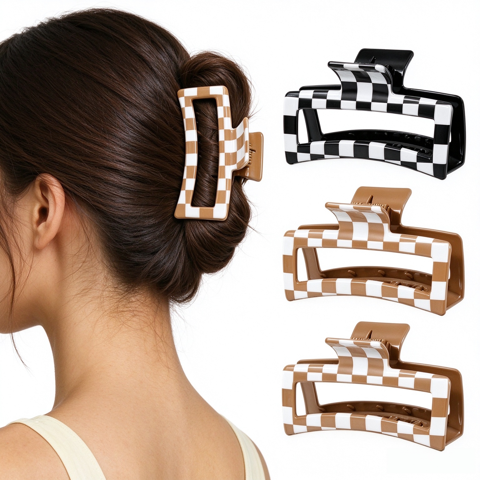 4 PCS 5 Inch Checkered Hair Claw Clips for Women - Square Checker Extra Large Claw Clips, Rectangle Durable Claw Clips for Thick Long Curly Hair, Hair Accessories for Daily, Dating, Work & Travel