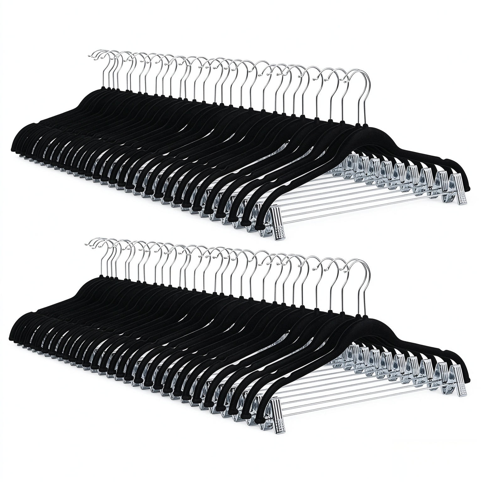 Amazon Basics Velvet Non-Slip Skirt Clothes Hangers with Clips, 360 Degree Rotatable Hook, Organize Pants and Skirts, Black/Silver, 24-Pack