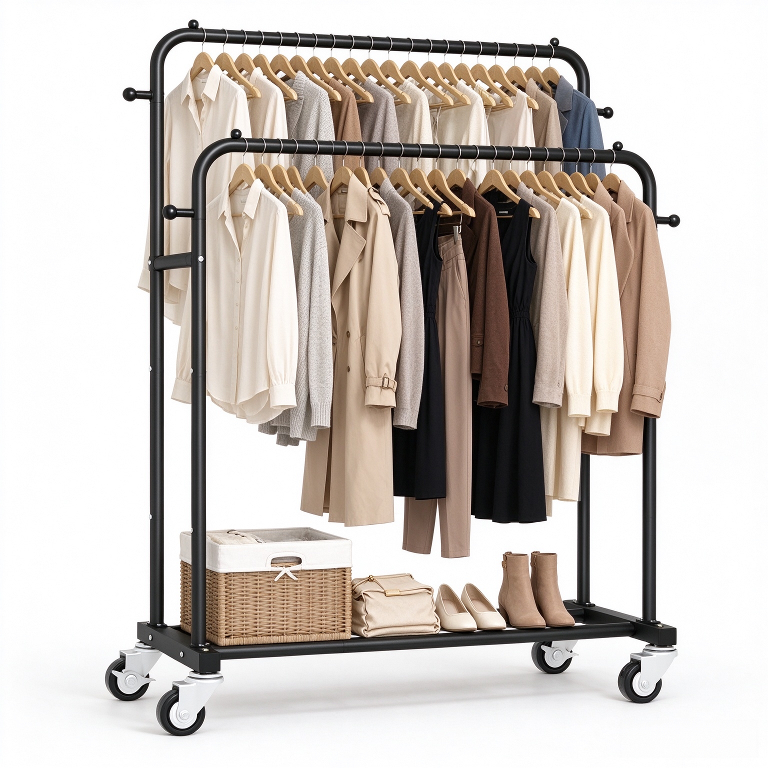Laiensia Double Rods Garment Rack with Wheels, Clothing Rack for Hanging Clothes,4 Hooks, Multi-functional Bedroom Clothes Rack, Black