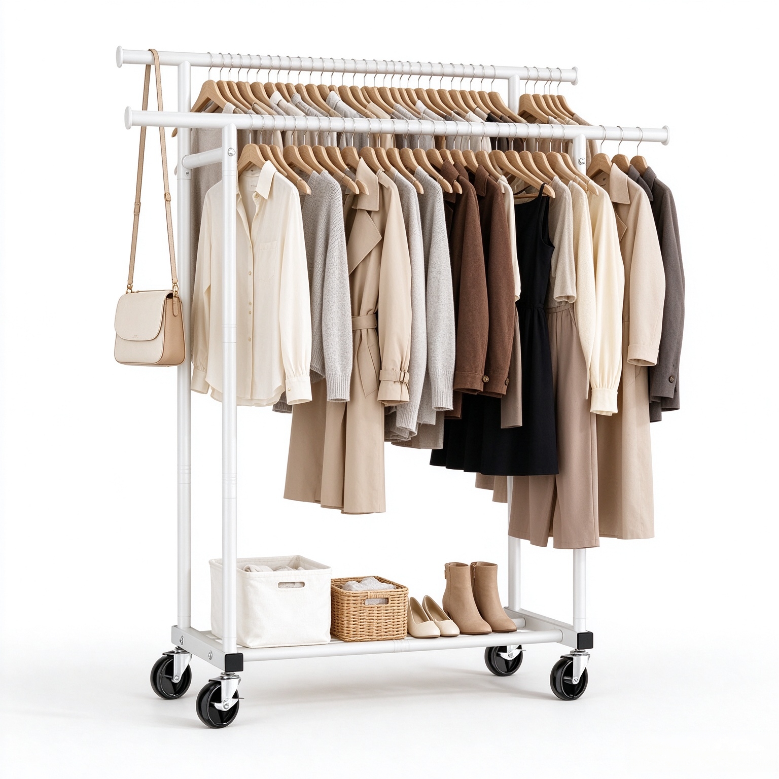 HYSEYY Double Rods Clothes Rack, Rolling Clothing Rack for Hanging Clothes Portable Wardrobe, Metal Garment Rack Sturdy Coat Rack for Bedroom Laundry Living Room, White