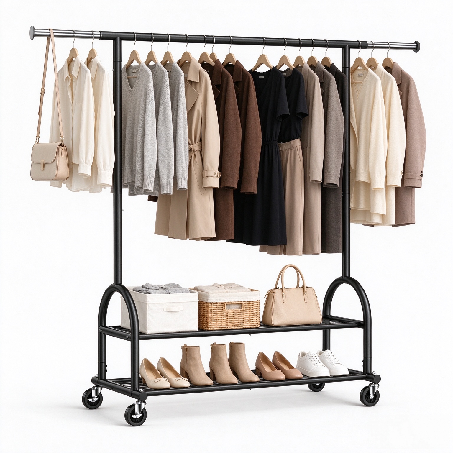 Rolling Clothes Rack Heavy Duty Clothing Racks with 2 Shelves, Black