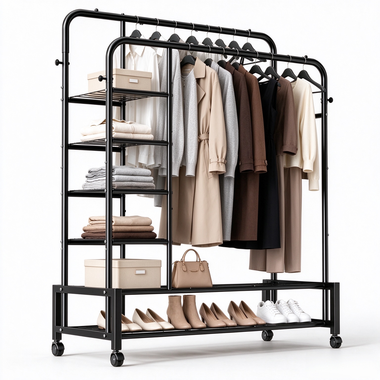 Clothes Rack with Shelves, Double Rods Clothing Rack for Bedroom, Black