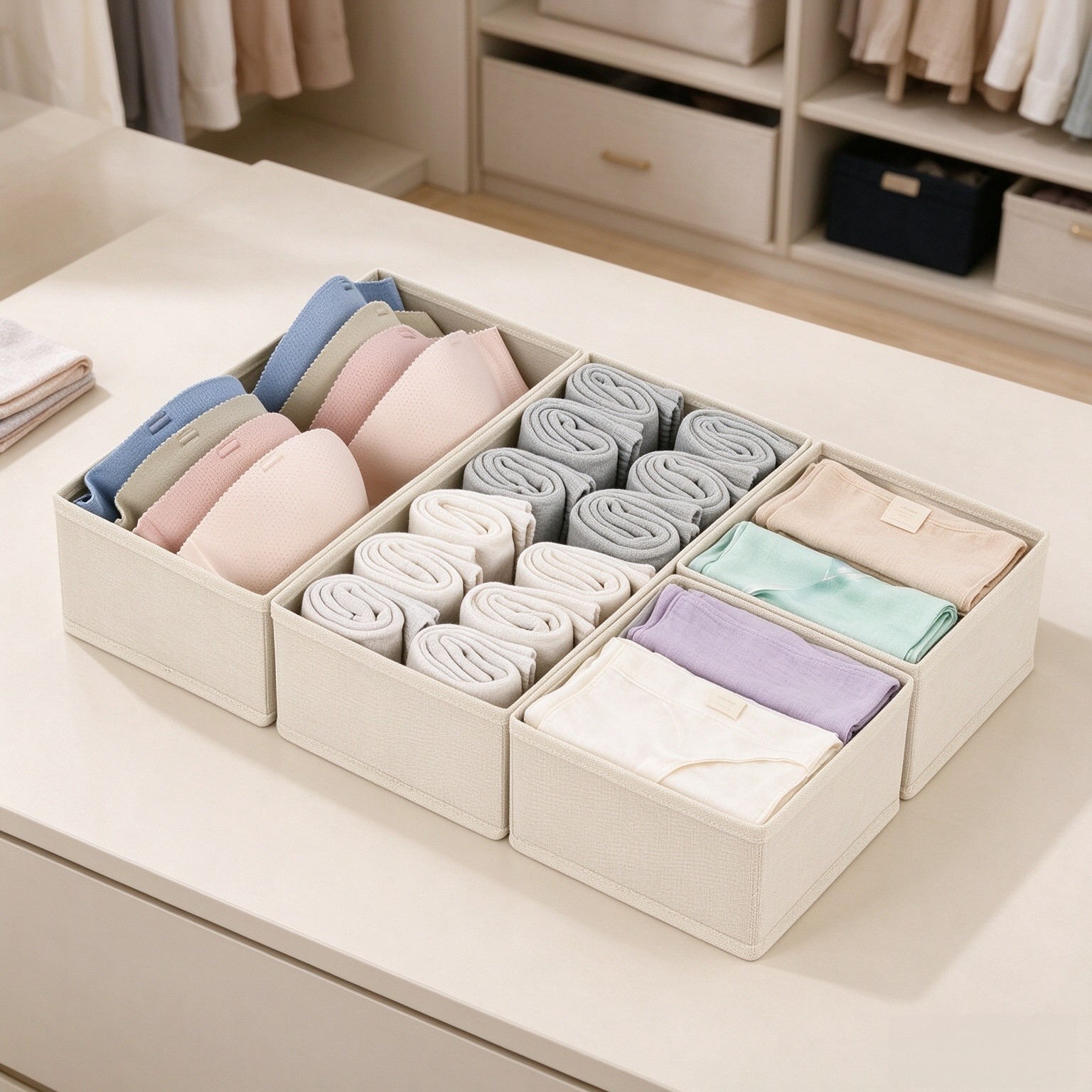 DIMJ Drawer Organizers Clothes, Dresser Organizer Bins for Baby Clothes,Underwear and Sock, Fabric Closet Organization and Storage Boxs, Drawer Dividers for Nursery, Clothing, Tie - 4 Pack, Beige