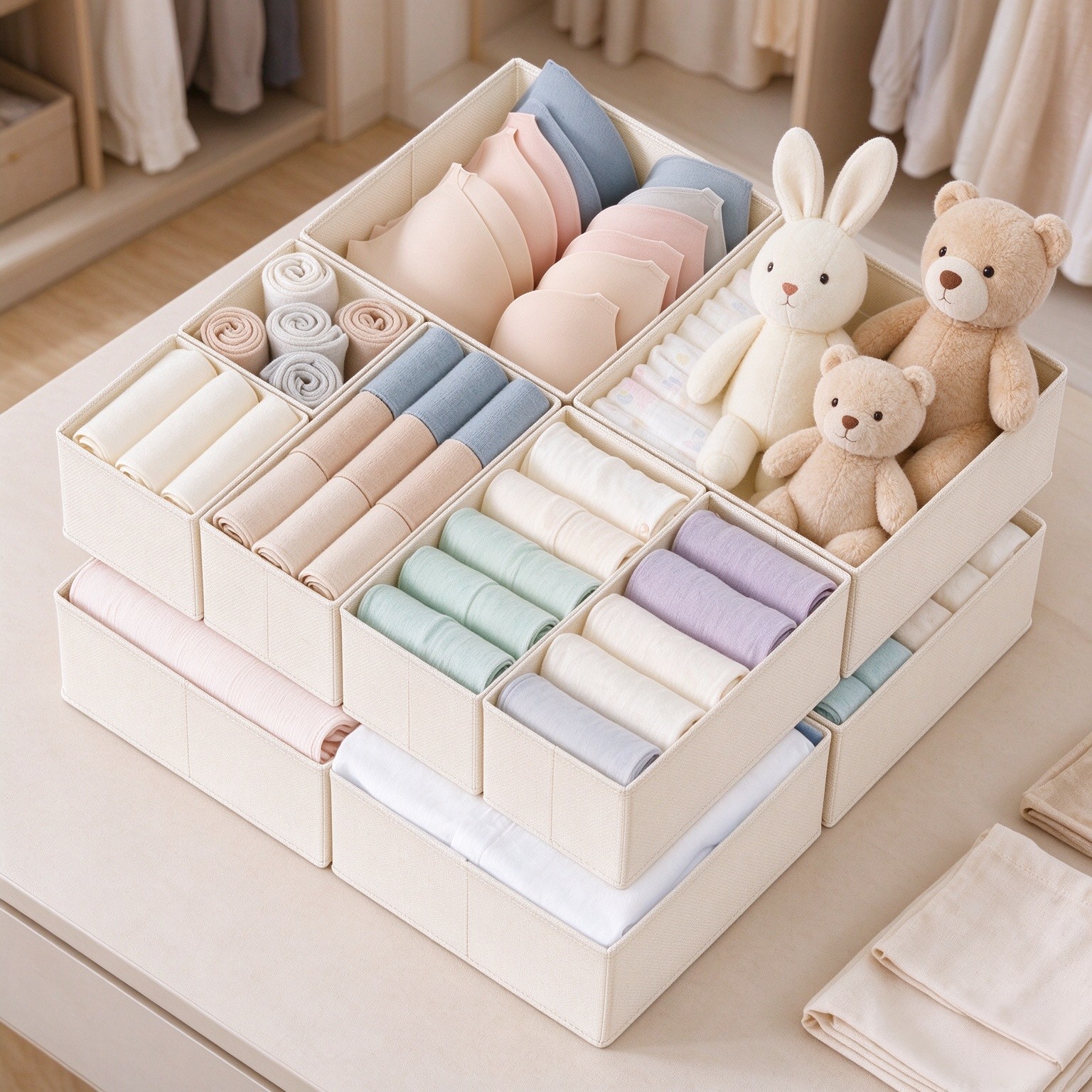 Drawer Organizer Clothes, 10 Pack Dresser Organizer for Baby Clothes, Underwear, Sock- Foldable Closet Organization and Storage Dividers Bins for Nursery, Bedroom (Beige)