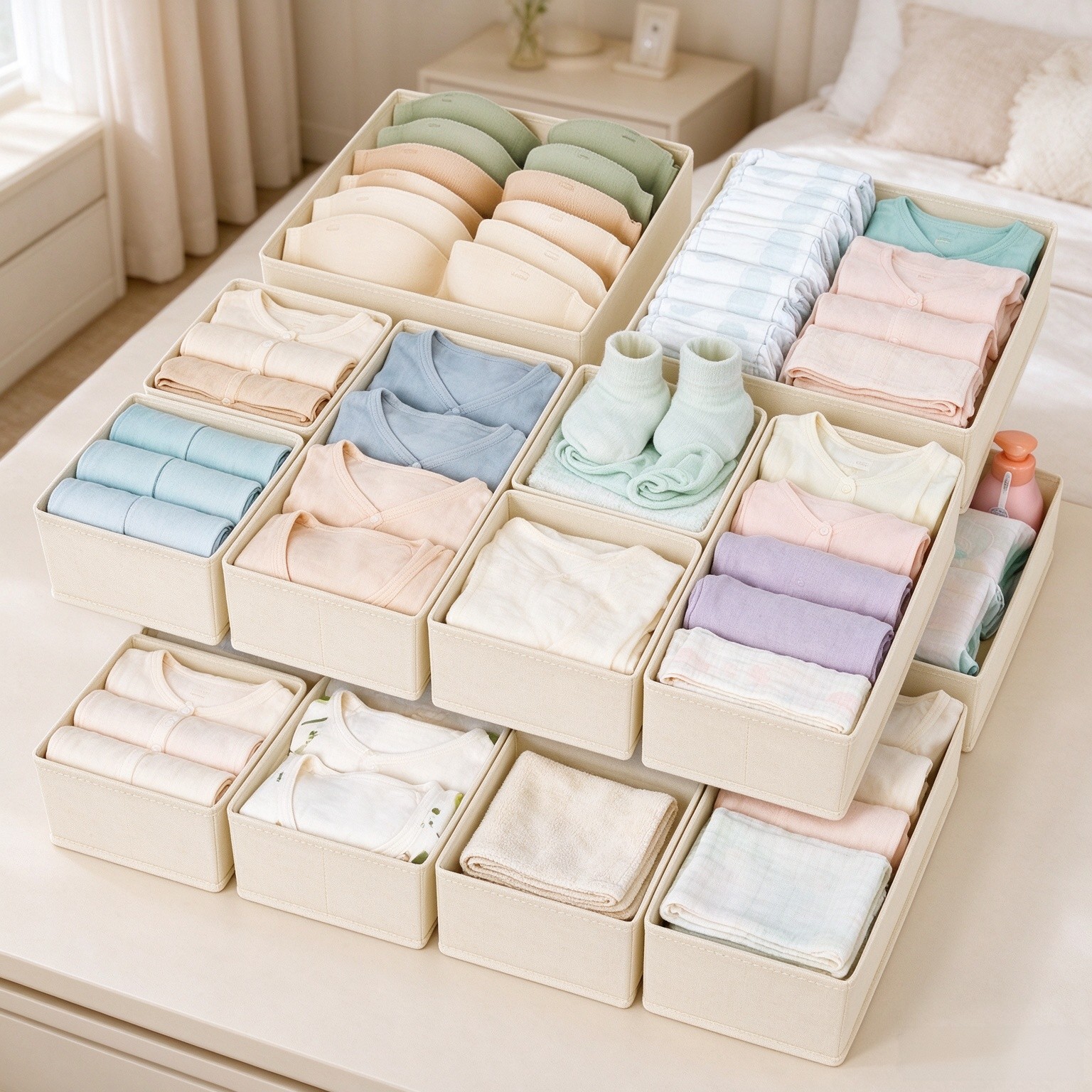 DIMJ Drawer Organizer Clothes 15 Pack - Foldable Baby Organizers and Storage & Closet Organizers for Bedroom, Closet - Nursery Organization Dresser Dividers for underwear, Sock,Bra, Belt, Tie, Beige