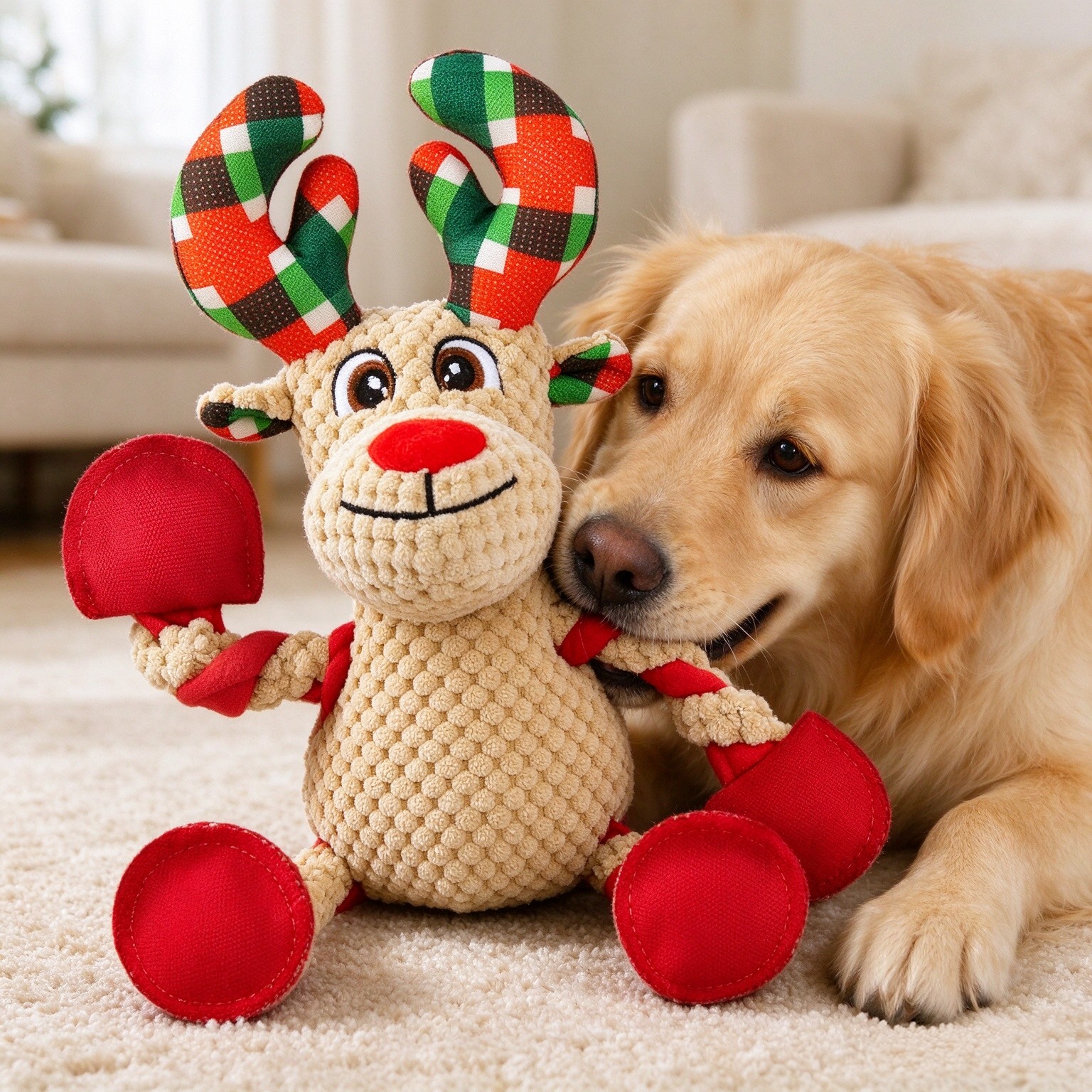 Christmas Squeaker Dog Toys Interactive Durable Dog Chew Toys Reindeer Plush Toy for Puppy Small Dogs Medium Dogs and Large Dogs Birthday