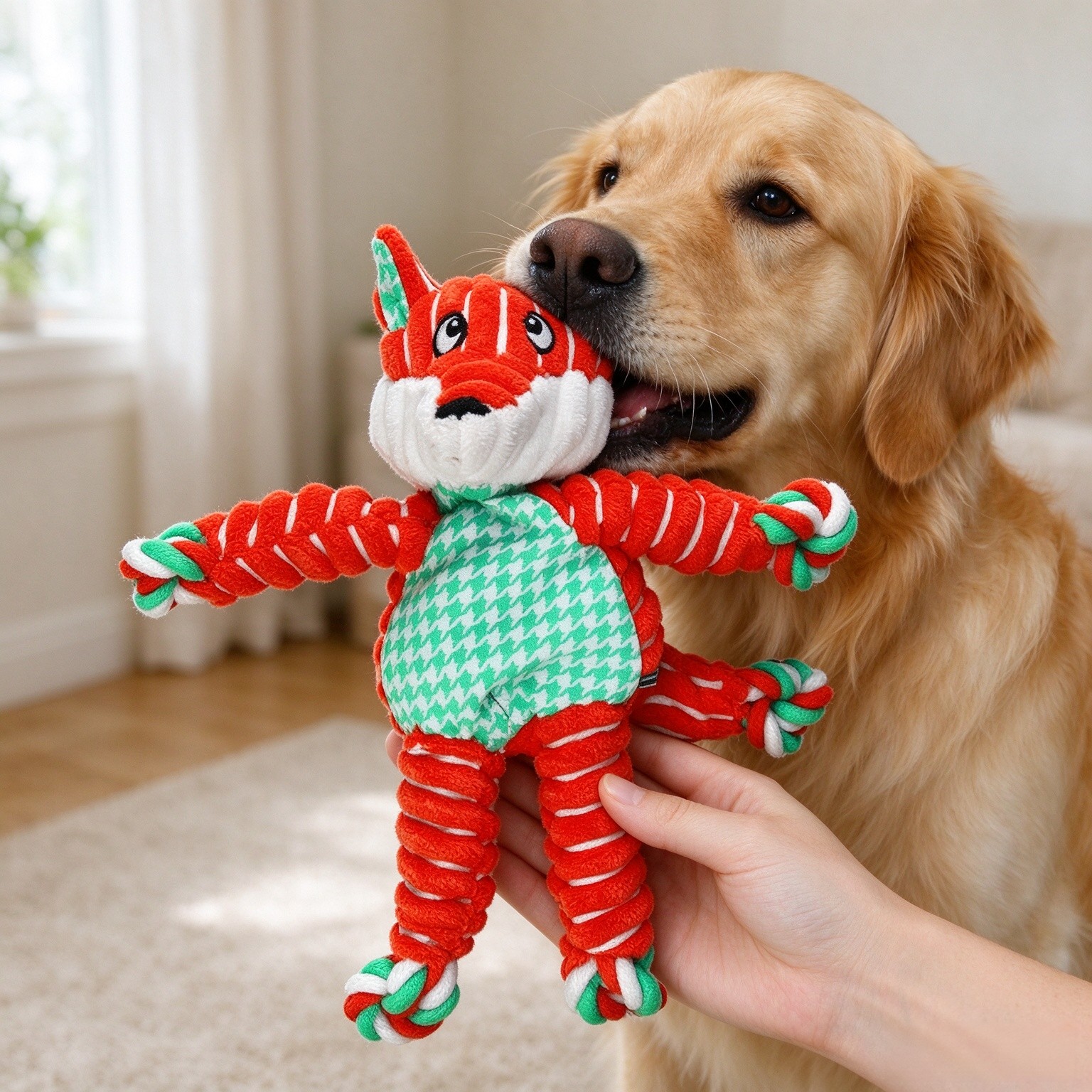 Kong Floppy Knots Squeaky Rope and Plush Dog Toy, Fox, Small/Medium
