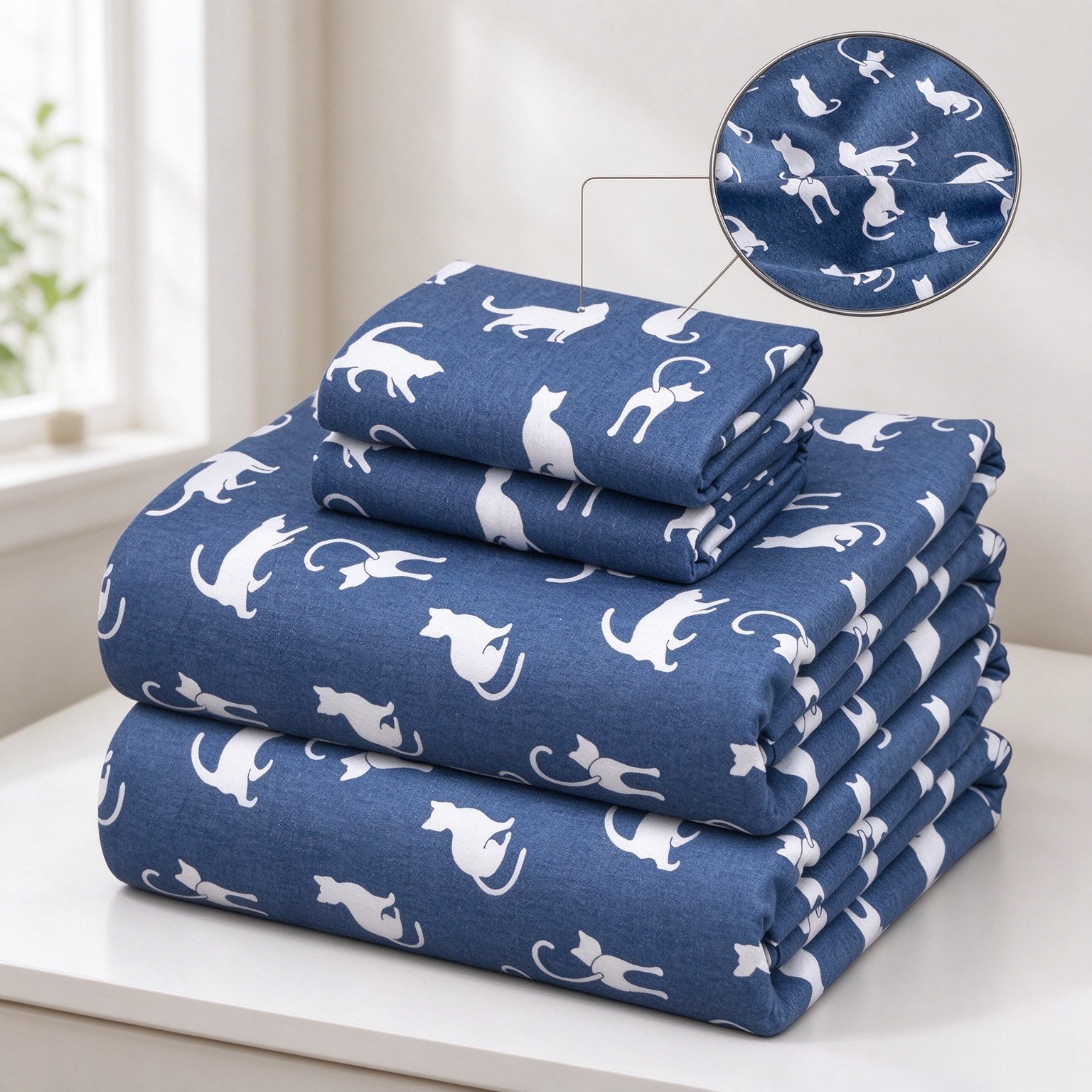 ZOYER 100% Cotton Flannel Sheets Queen Size 4 Pcs Set, White Cat