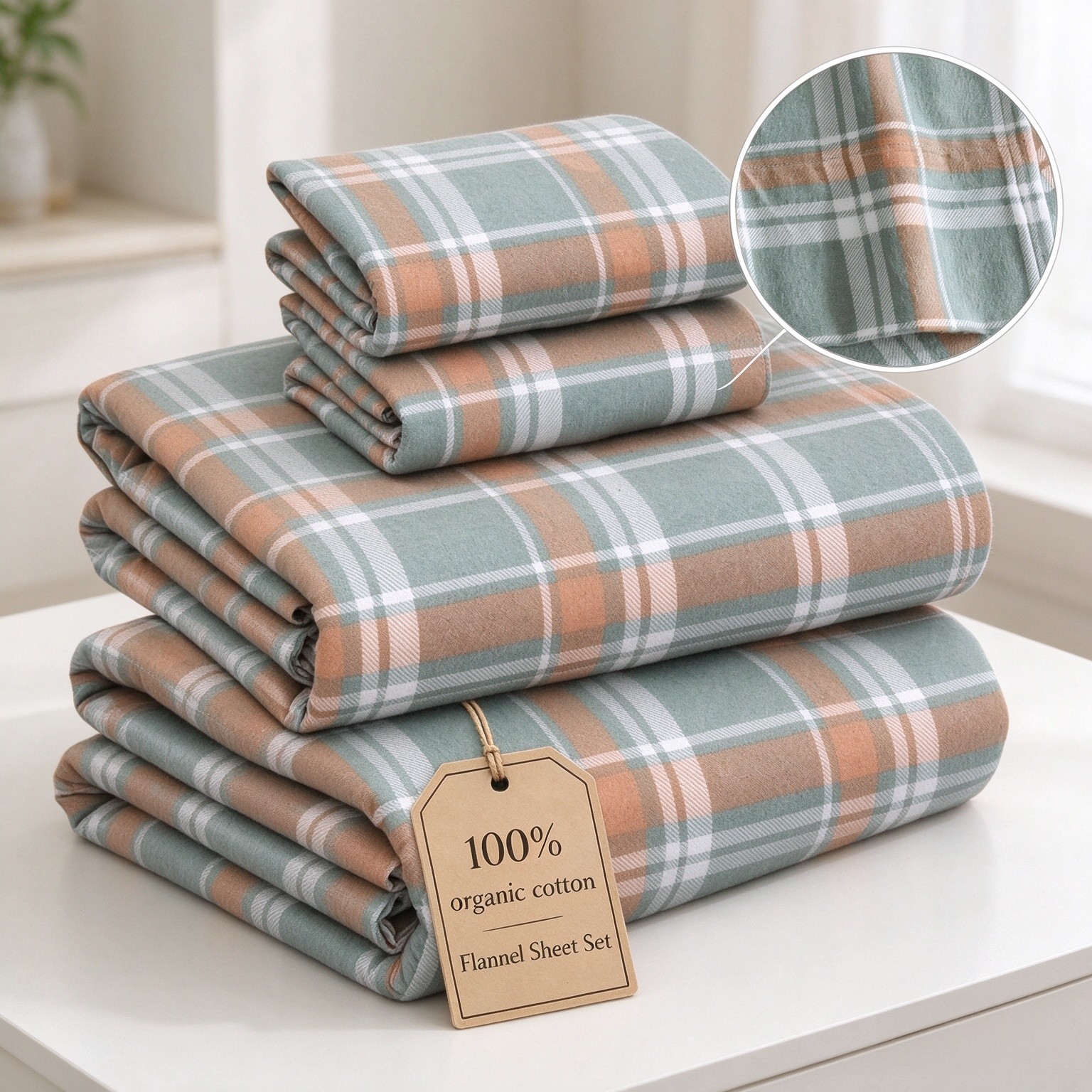 RUVANTI 100% Organic Cotton Flannel Sheets Queen Size Bed Set, Spruce Blue