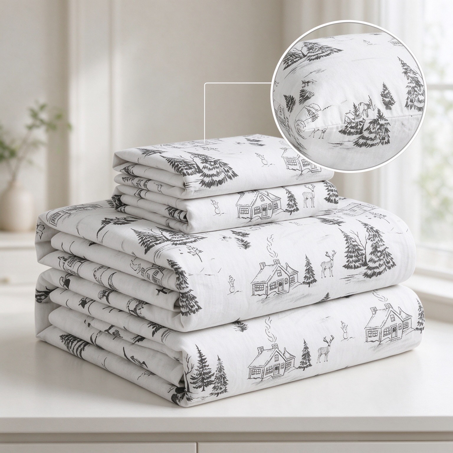 100% Turkish Cotton Flannel Sheets Queen Size 4 Piece - Nature Trees