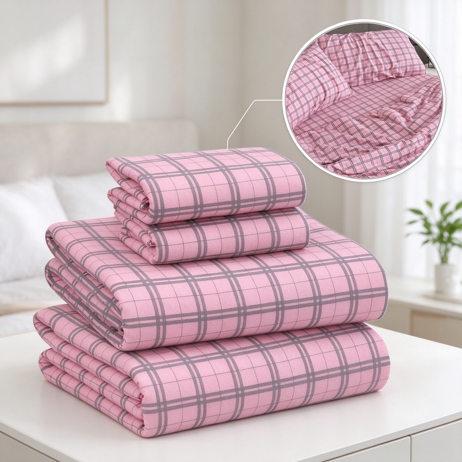 RUVANTI 100% Cotton Flannel Sheets Queen Size, 4 PCs, Check & Bolt Pink