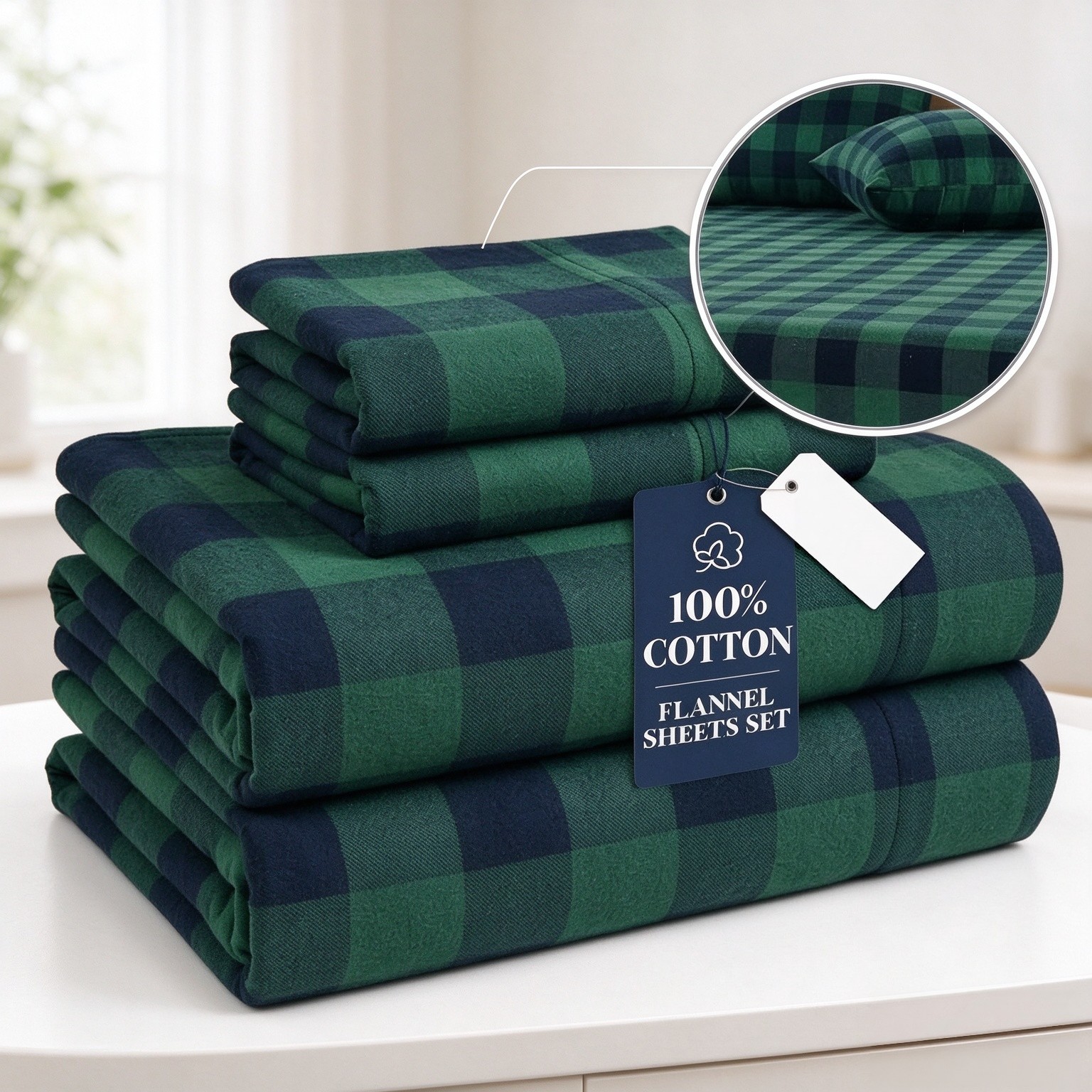 LANE LINEN Cotton Flannel Sheets King Size - Brushed for Extra Softness - King Size 100% Cotton Sheets Set Flannel - Warm & Cozy Flannel Cotton Bed Sheets, 15" Deep Pocket - Buffalo Checks Green