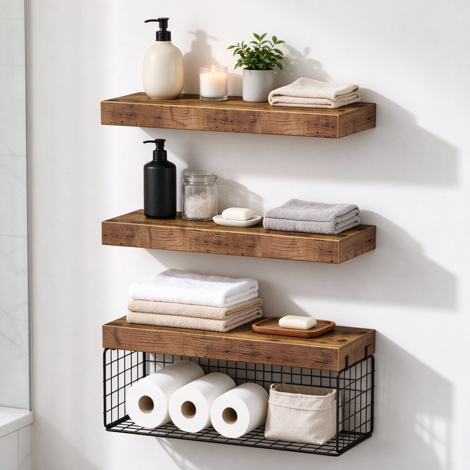 QEEIG Bathroom Shelves Over Toilet Wall Mounted (Brown, Set of 3, 15.7")