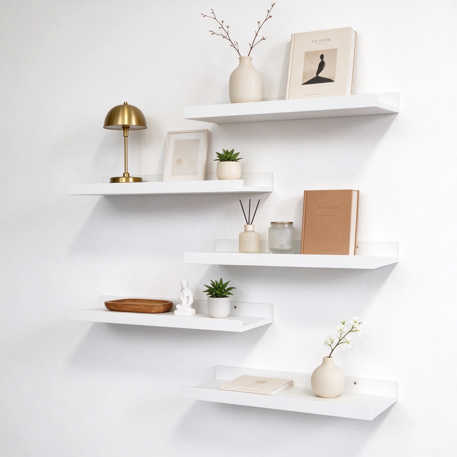 RICHER HOUSE 5-Set Floating Shelves with Lip, White Wall Mounted Wood Shelf