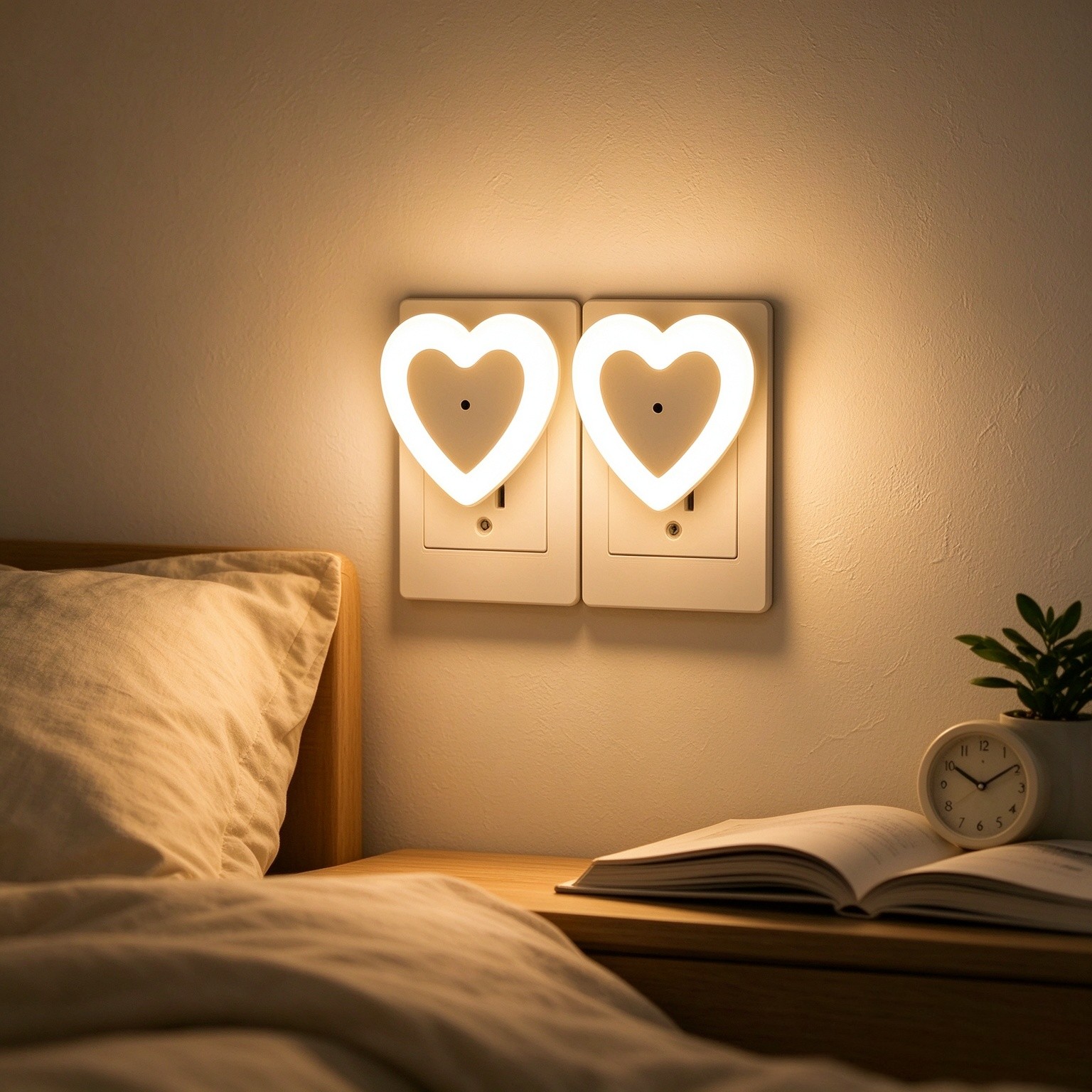 LED Night Lights Plug in(2-Pack), Dusk to Dawn Sensor Auto-On/Off, Heart Shaped Nightlight 0.5W for Bedroom, Bathroom, Kids Room, Hallway, Toilet(Warm White)