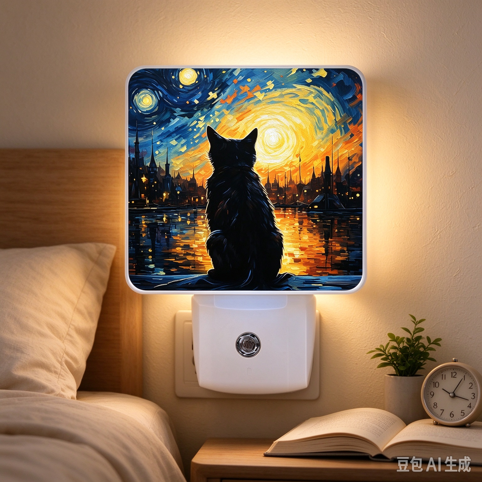 Lonely Cat Night Light, Plug-into Starry Night Nightlight White LED Lamp, Energy Efficient Decor Desk Lamp for Bedroom Hallway Stairs Bathroom