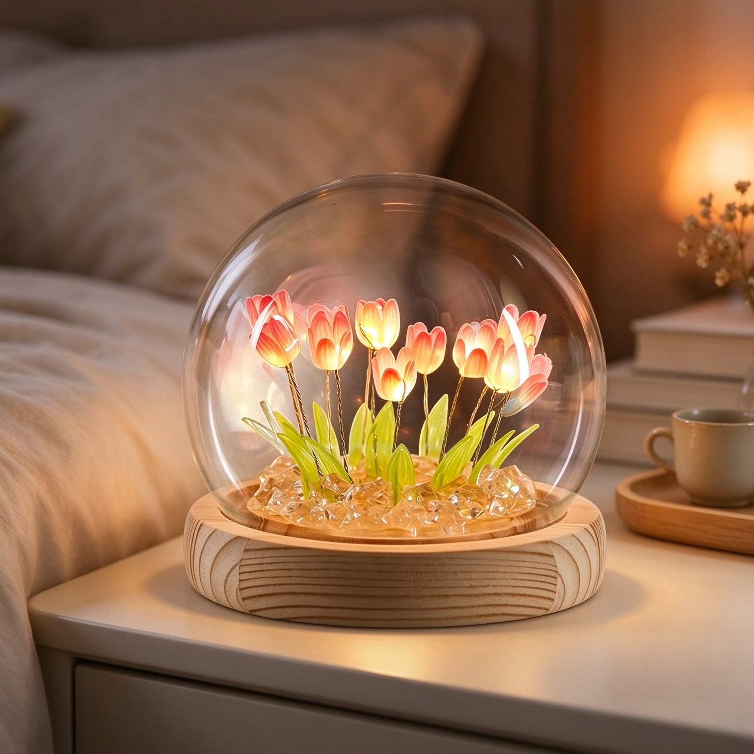 Tulips Night Light, Mothers Day Gifts for Mom Grandma, Everlasting Flower Tulip Lamp in A Glass Dome,Romantic Home Room Decor, Anniversary Birthday Gift for Women Girlfriend Sister Wife