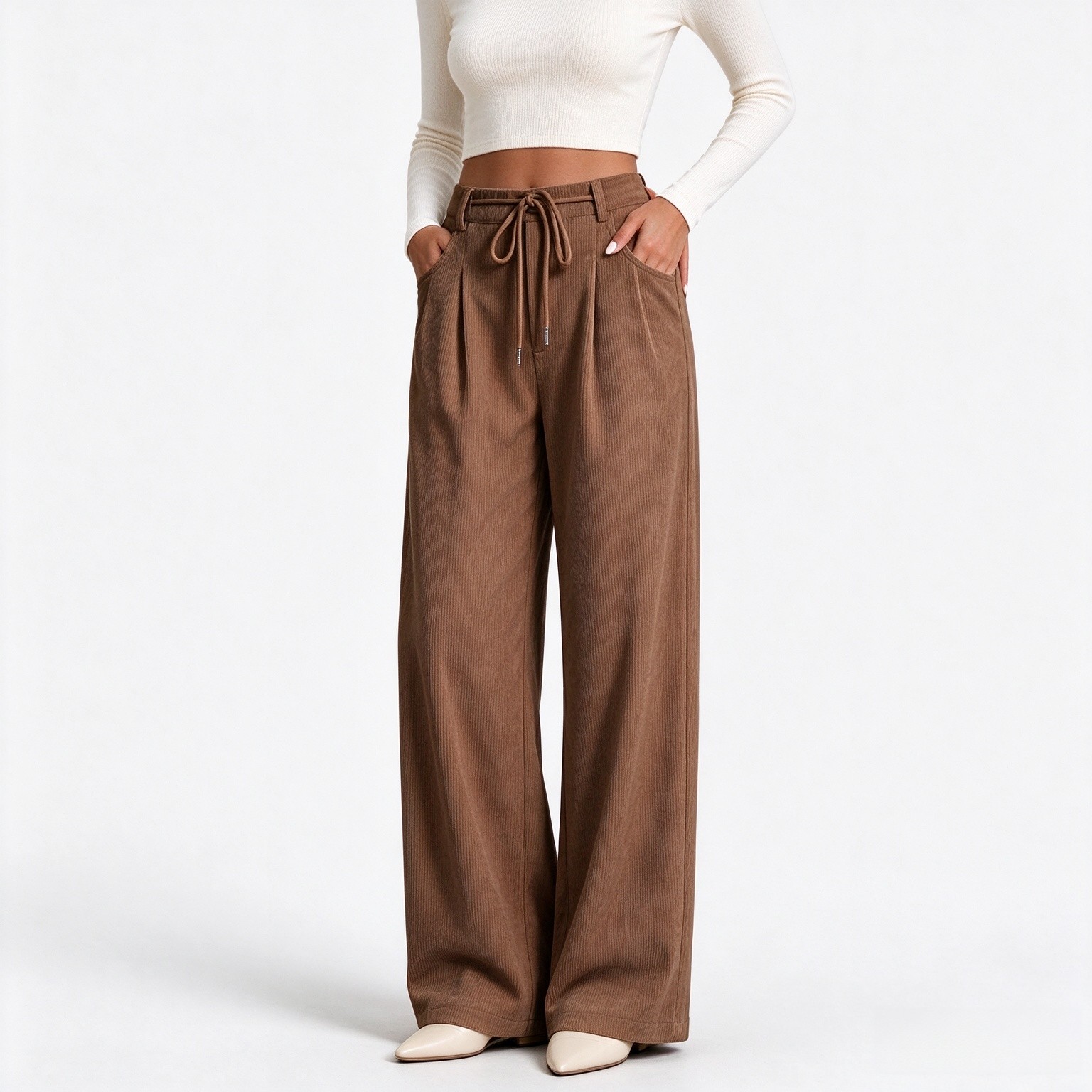 Sidefeel Corduroy Pants Women Wide Leg High Waisted Drawstring Baggy Pants