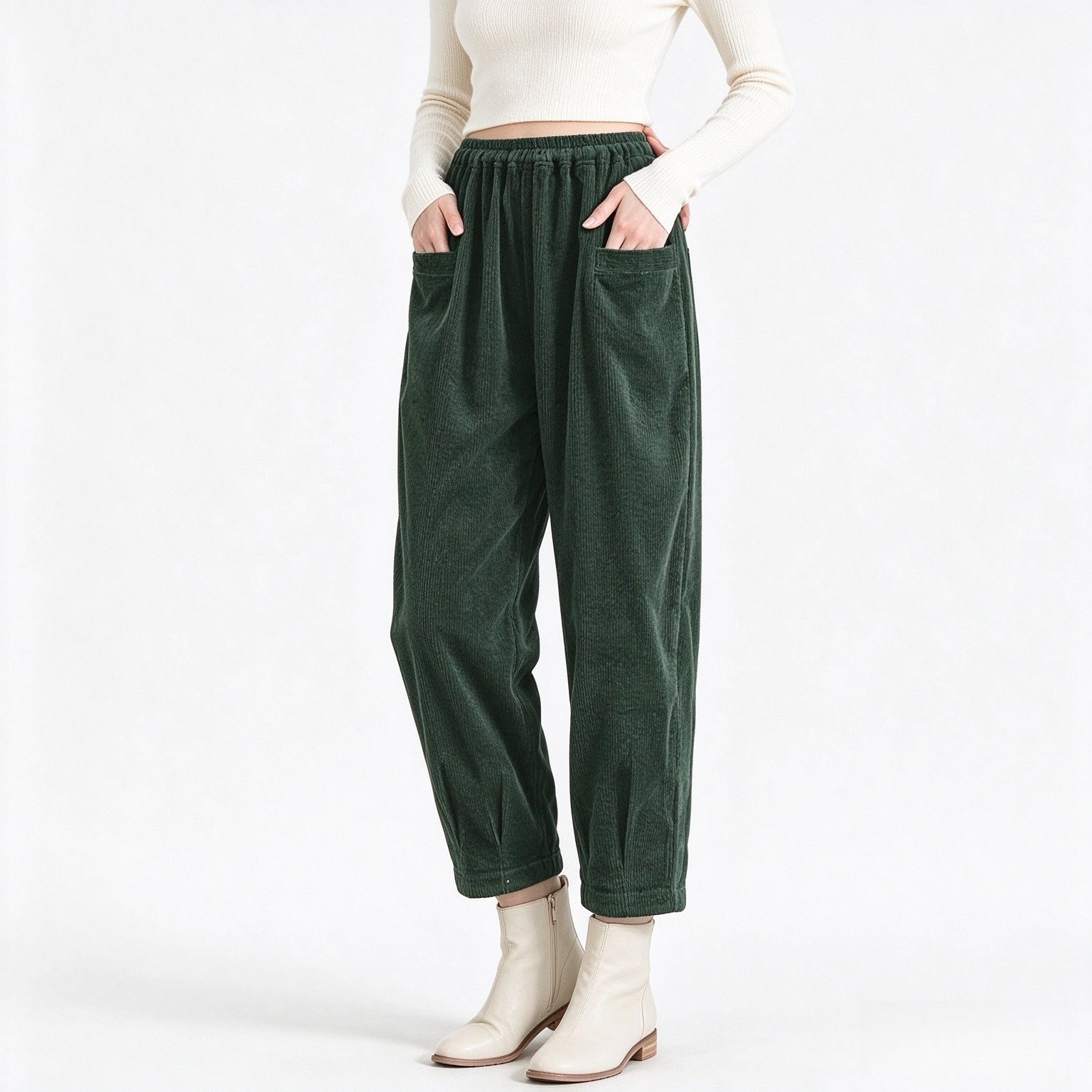 Minibee Women's Corduroy Baggy Pants Elastic Waist Loose Harem Pant Cotton Wide Leg Trousers with Pockets