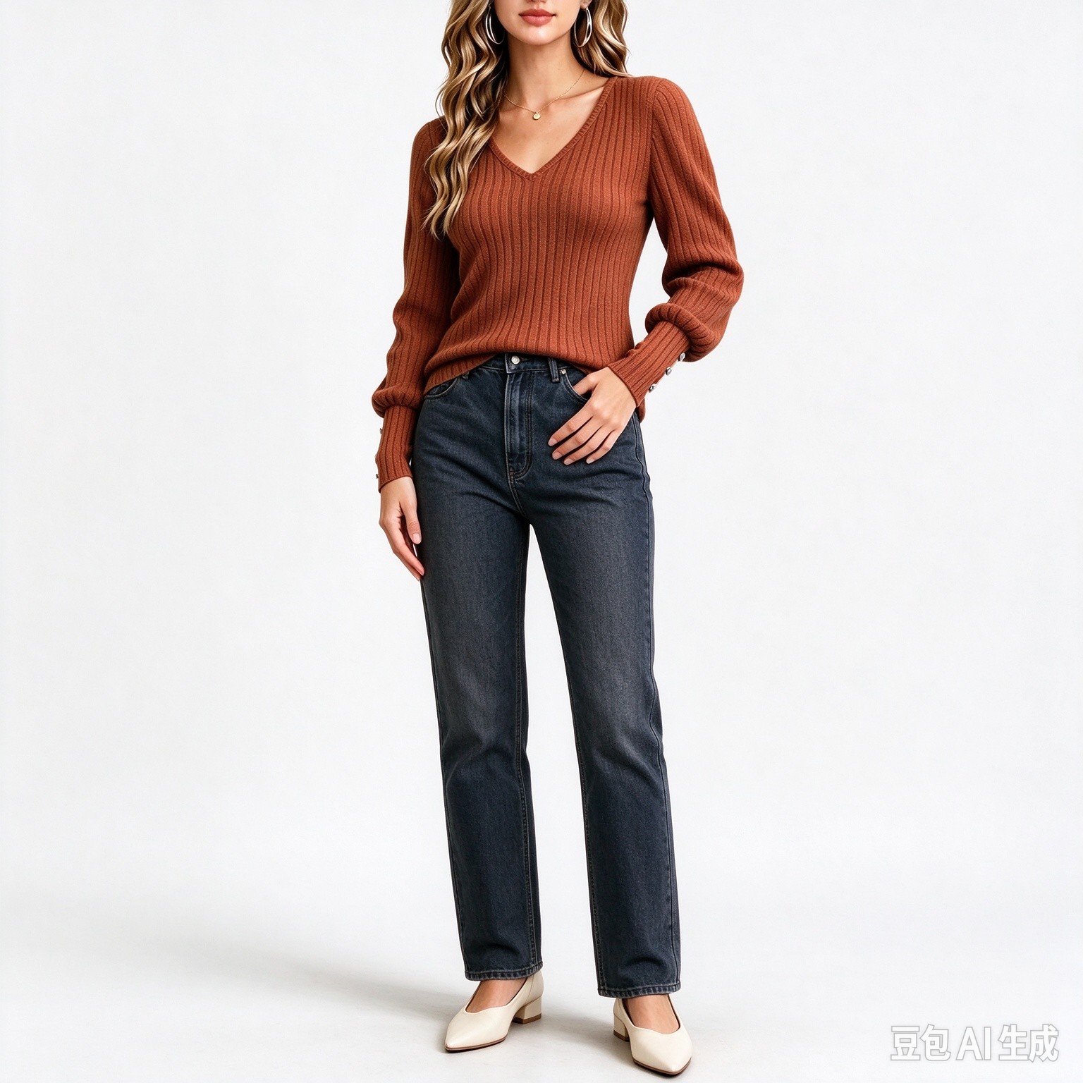 Women Ribbed Long Sleeve Sweater V Neck Knit Fall Pullover Tops