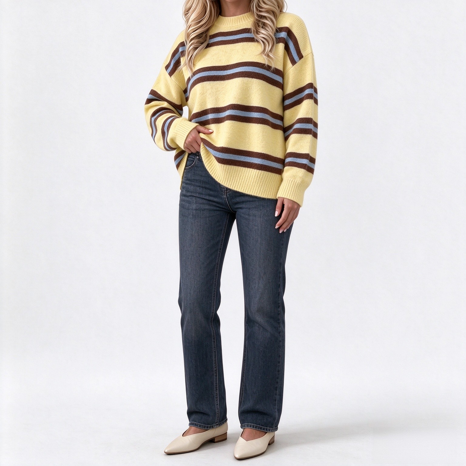Cicy Bell Womens Striped Pullover Sweater Color Block Casual Loose Knit Top
