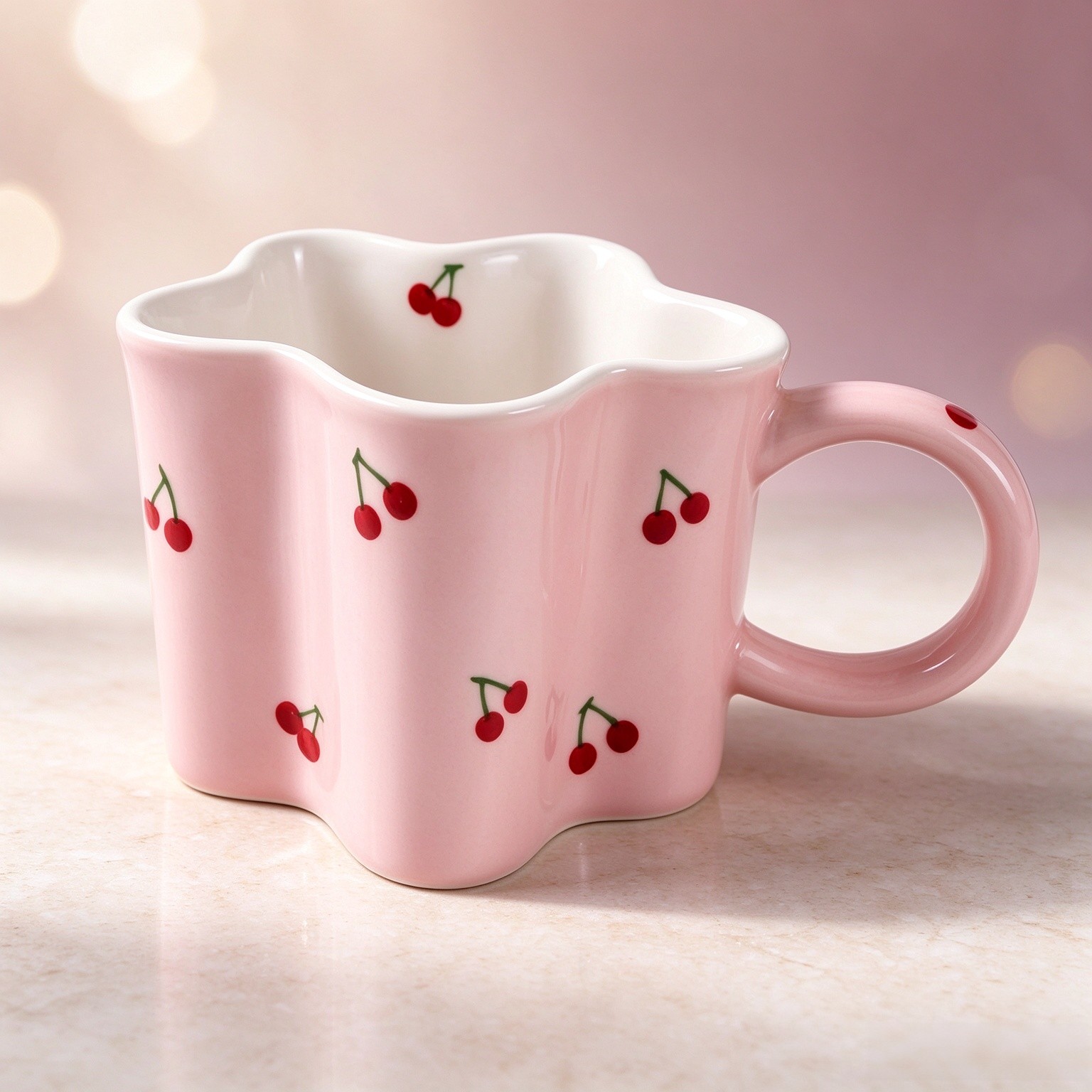 Cherry Coffee Mug, 12oz Ceramic Pink Flower Cup for Women Girls