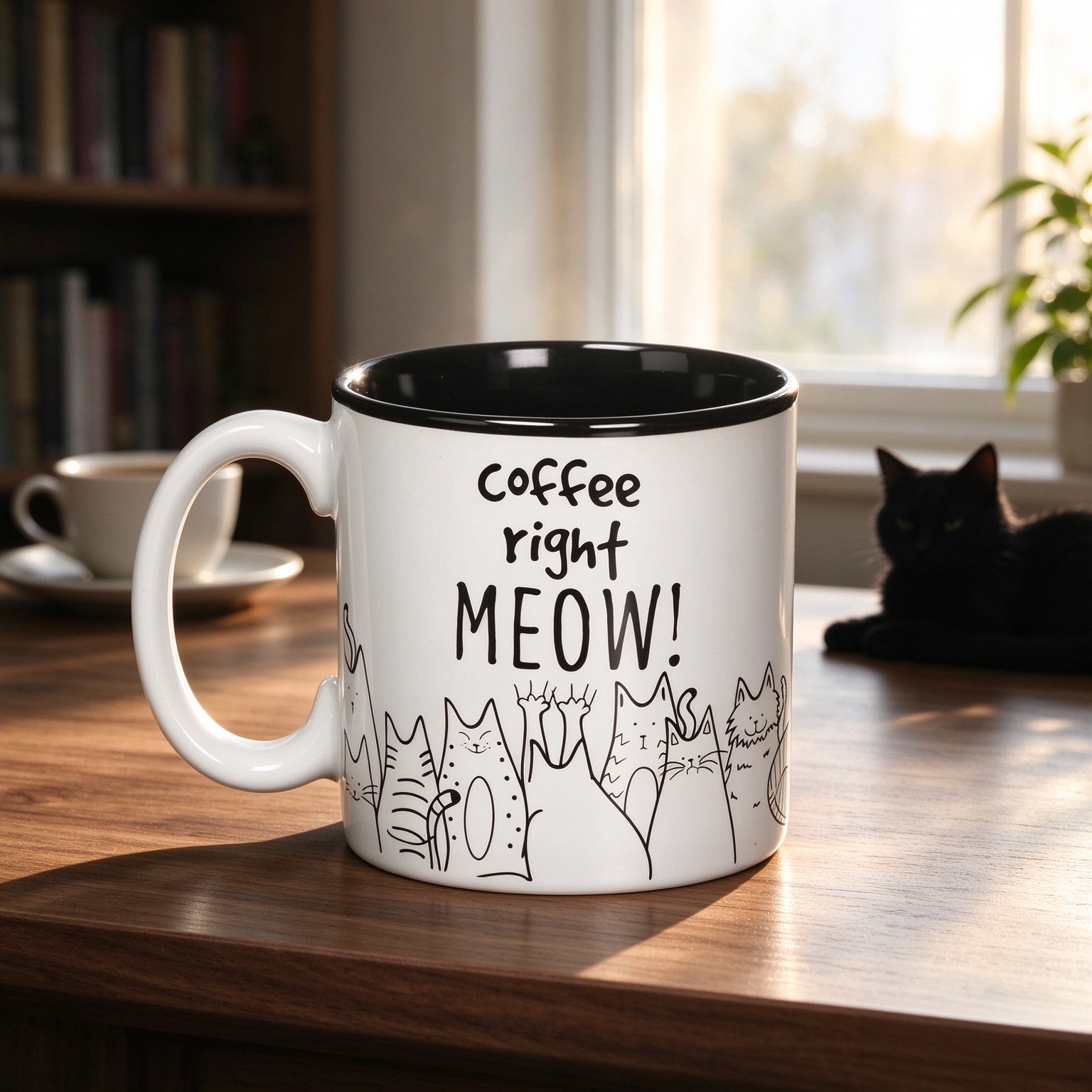 burton + BURTON Coffee Right Meow! 13oz Ceramic Cat Mug with Gift Box – Funny Cat Lover Coffee Cup, White & Black Feline Design, Microwave & Dishwasher Safe