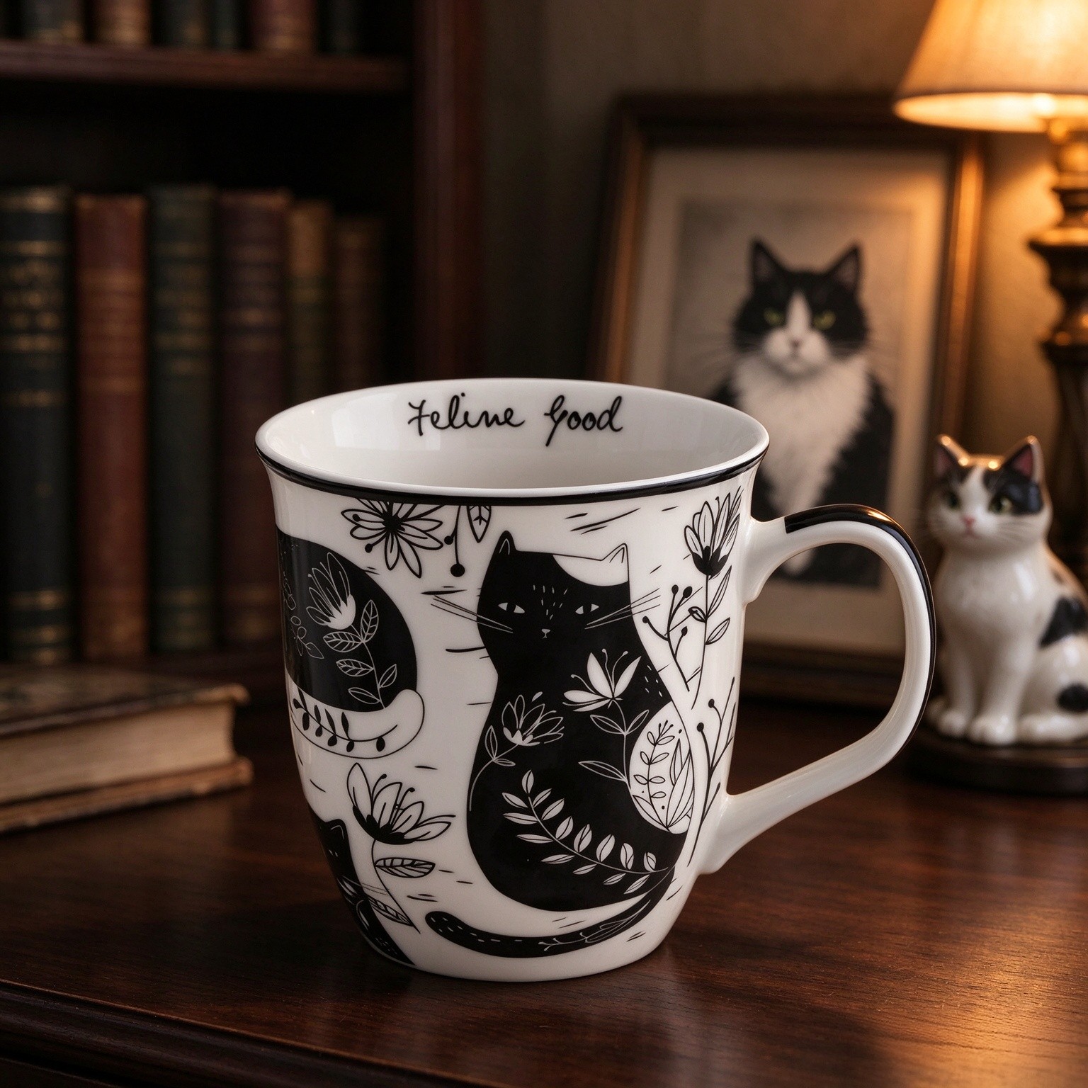 Karma Gifts 16 oz Black and White Boho Mug Cat - Cute Coffee and Tea Mug - Ceramic Coffee Mugs for Women and Men