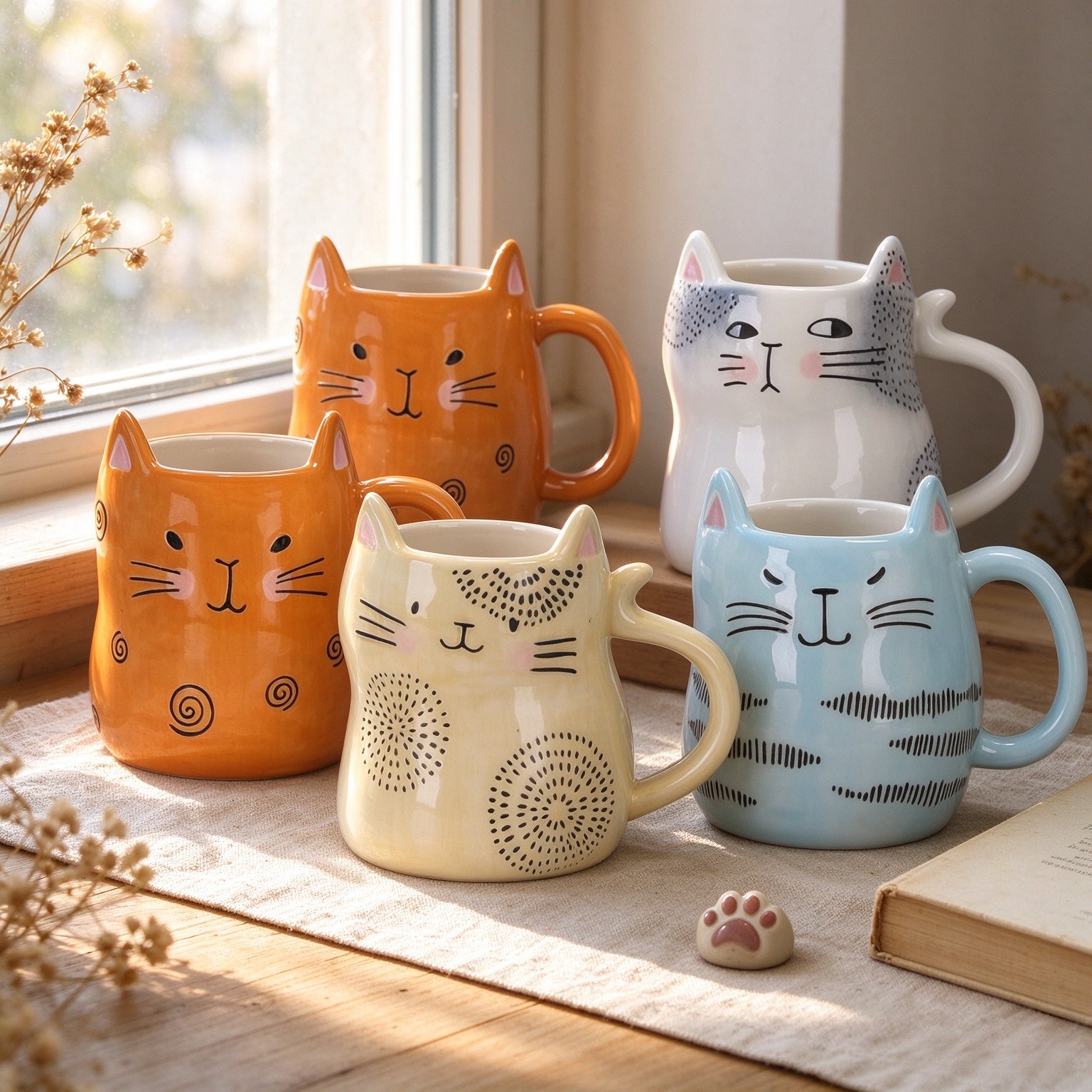 Bico Cat Coffee Mugs Set of 4, Cute Cat Ceramic Mugs with 3D Ears, 10 oz