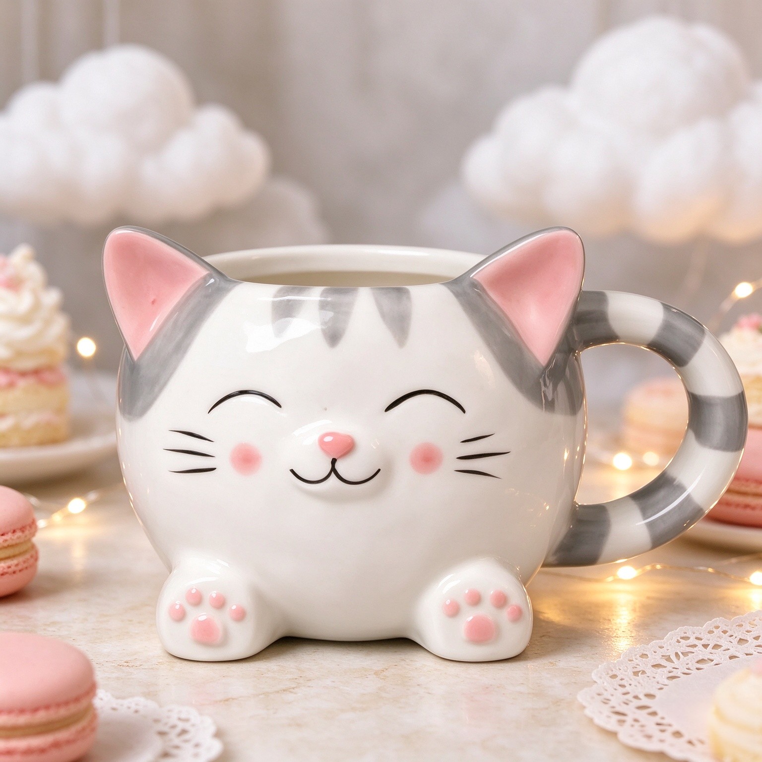 Cute Cat Coffee Mug – 16oz Ceramic Animal Mug, Handmade Gift for Cat Lovers, Cute Kawaii Coffee & Tea Cup – Gray Tabby