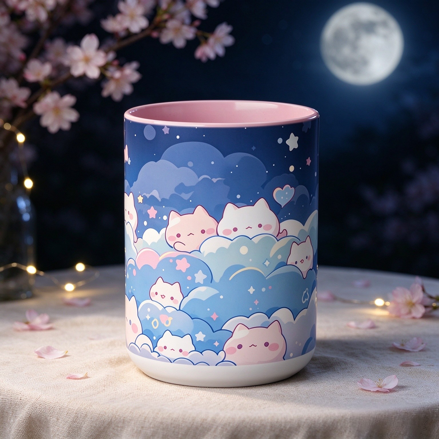 Kawaii Cat Ceramic Coffee Mug, Tea Cup in Pink and Blue, 15oz, Kawaii Cat Design, Microwave Safe, Dishwasher Safe, Chibi Style Cloud Pattern (Pink)