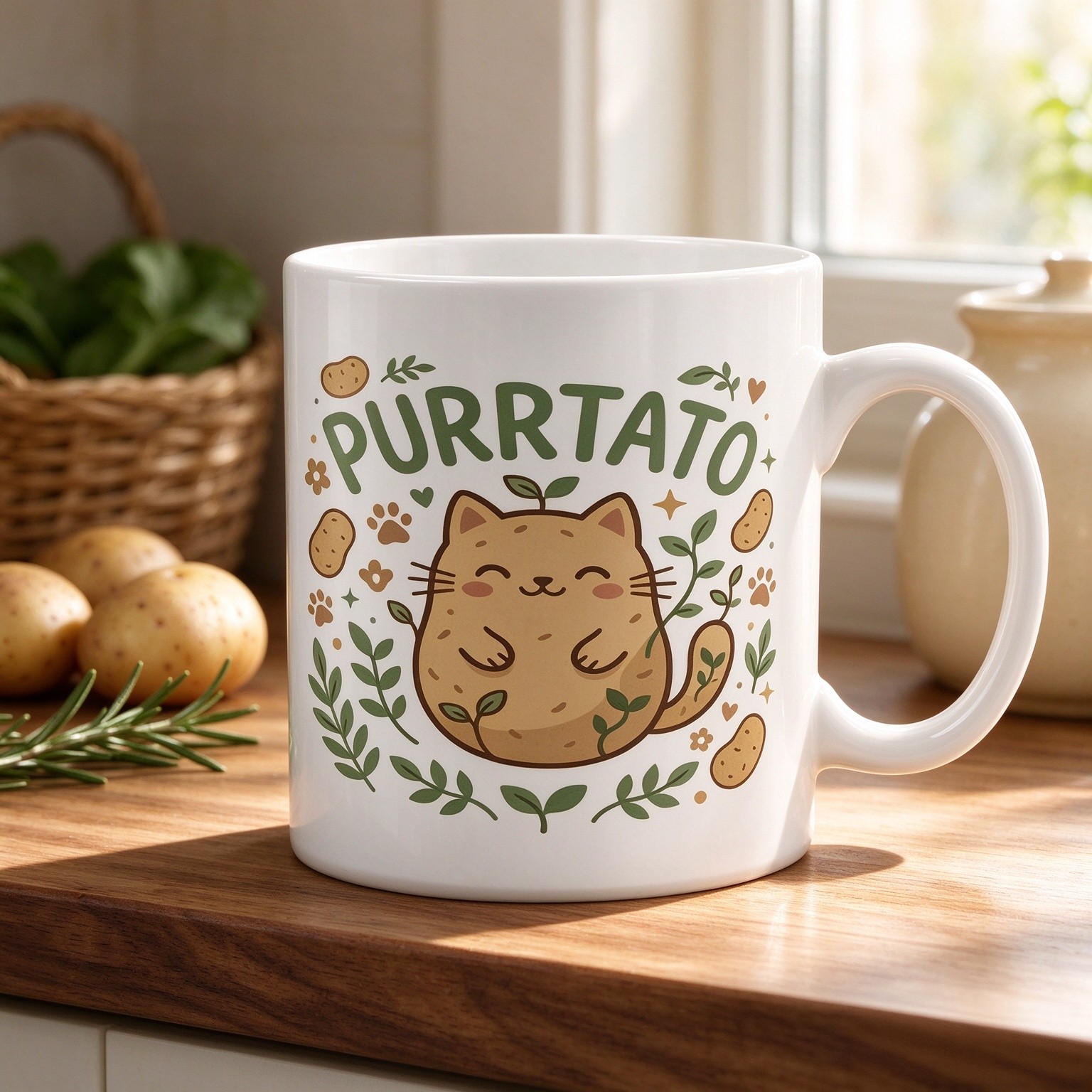 Cat Ceramic Coffee Mug, Playful Fanciful Potato Leaves None Beige Novelty Tea Cup with Handle Ideal for Friends Family Coworkers Teachers Couples Employees 11 Oz