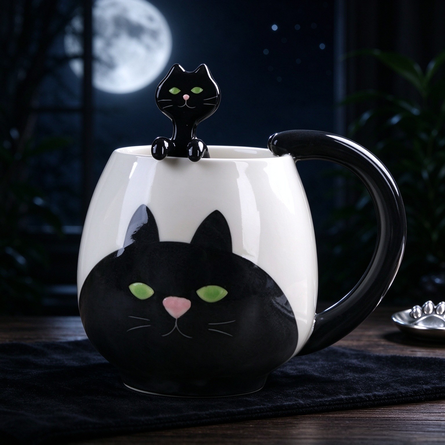 400ml/13.5oz Cute Cartoon Animal Hand-Painted Ceramic Mug Microwave Can Be Used For Household Coffee And Milk Cups With A Spoon-Black Cat
