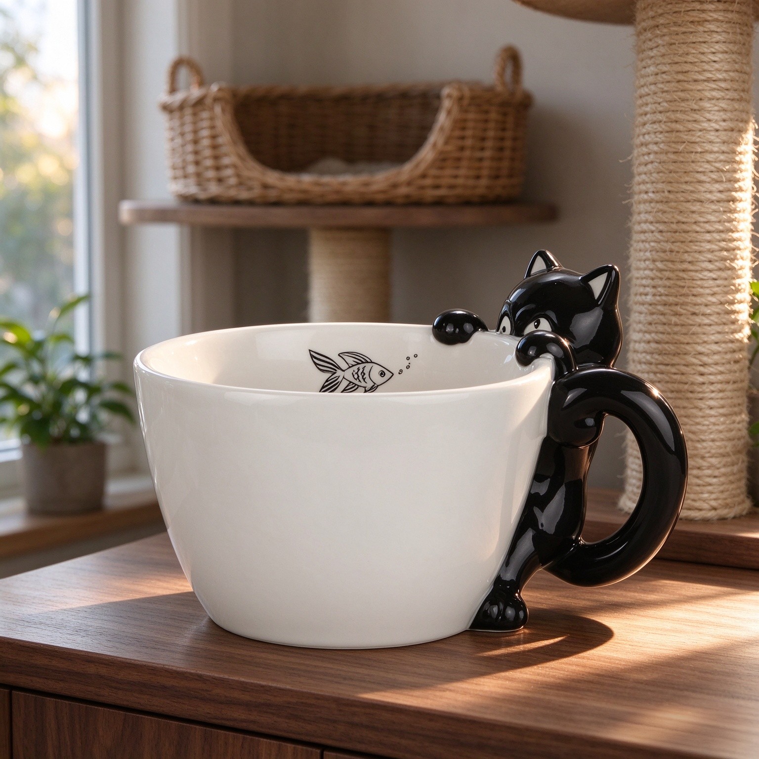 Lily's Home Black Cat Coffee Mug - 9 oz Ceramic 3D Novelty Cup with Goldfish Design, Dishwasher & Microwave Safe, Ideal Birthday Holiday Housewarming Gift for Cat Lovers and Coffee Tea Drinkers